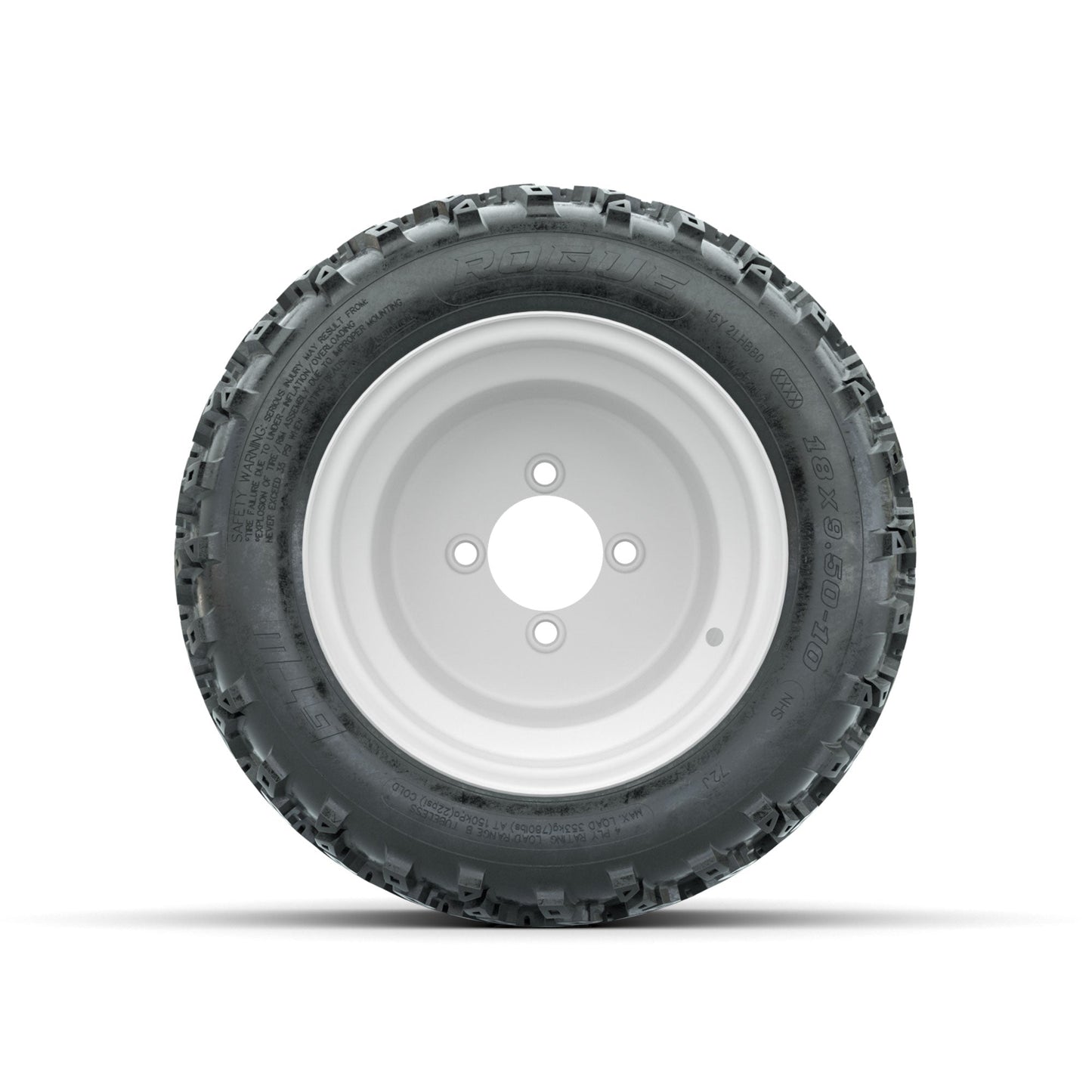 GTW Steel White 3:5 Offset 10 in Wheels with 18x9.50-10 Rogue All Terrain Tires Full Set