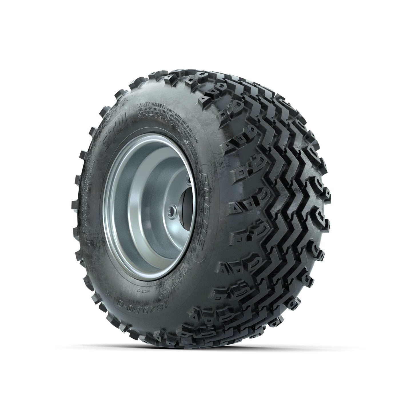 GTW Steel Silver Centered 8 in Wheels with 18x9.50-8 Rogue All Terrain Tires Full Set