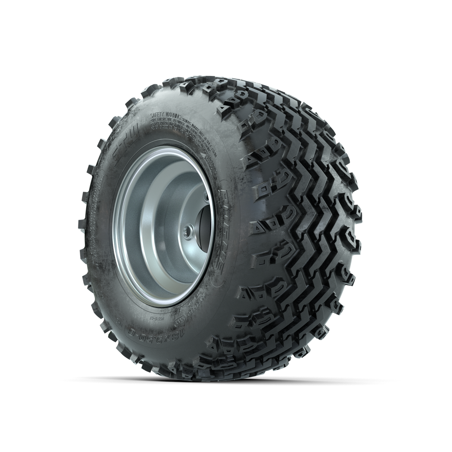 GTW Steel Silver Centered 8 in Wheels with 18x9.50-8 Rogue All Terrain Tires Full Set