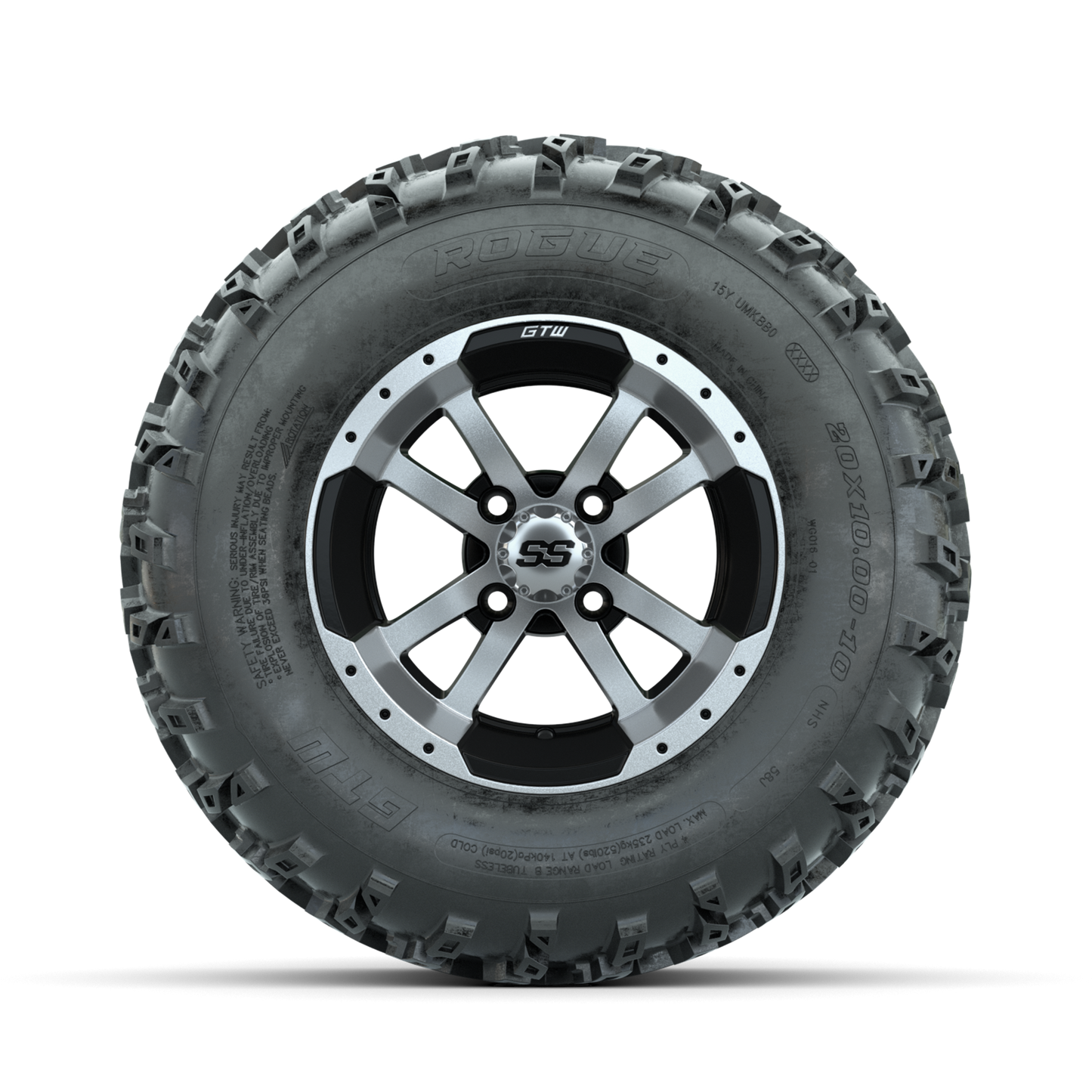 GTW Storm Trooper Machined/Black 10 in Wheels with 20x10.00-10 Rogue All Terrain Tires Full Set