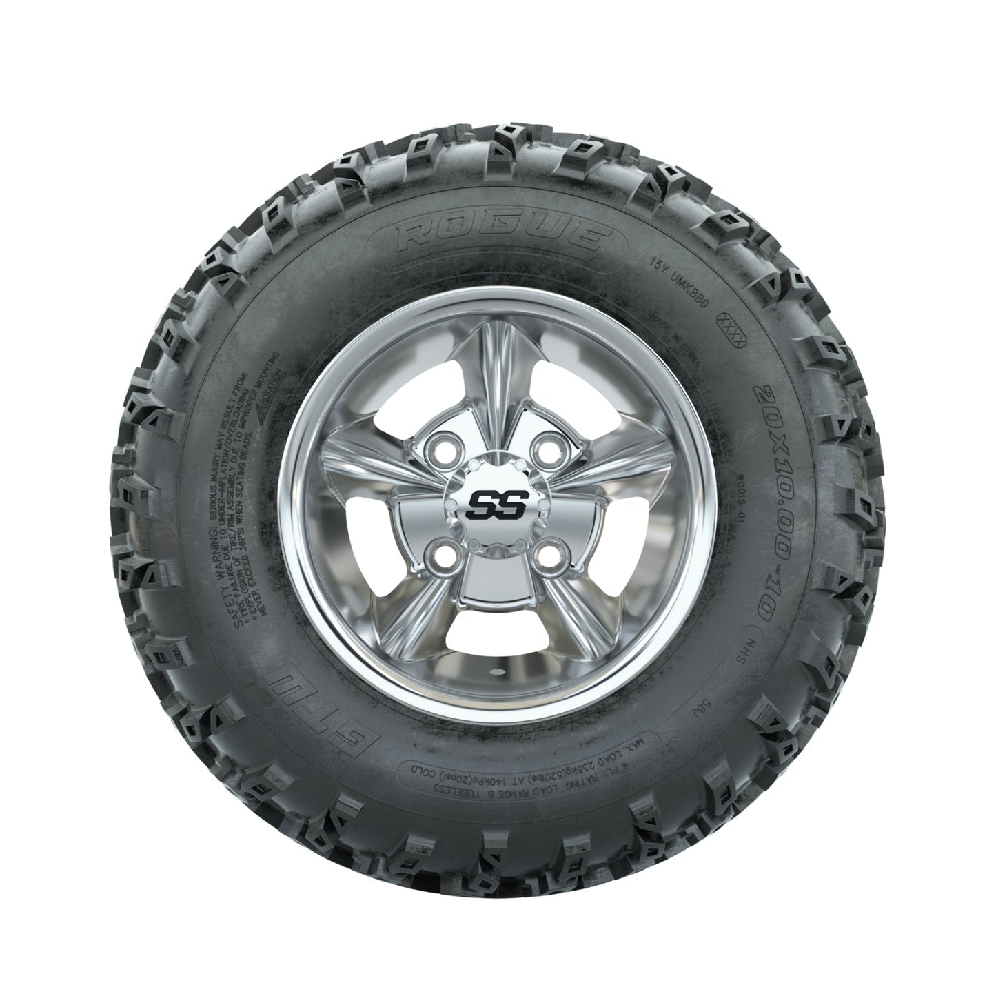 GTW Godfather Chrome 10 in Wheels with 20x10.00-10 Rogue All Terrain Tires Full Set