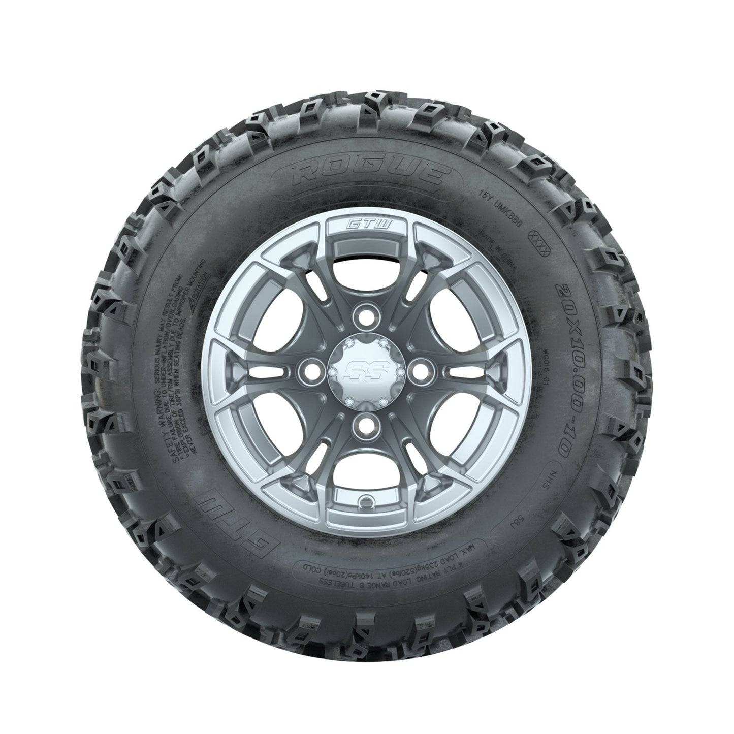GTW Spyder Silver 10 in Wheels with 20x10.00-10 Rogue All Terrain Tires Full Set