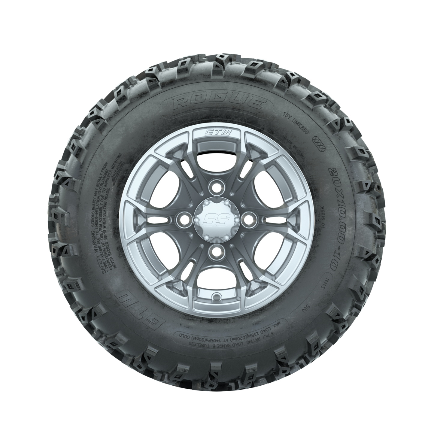 GTW Spyder Silver 10 in Wheels with 20x10.00-10 Rogue All Terrain Tires Full Set
