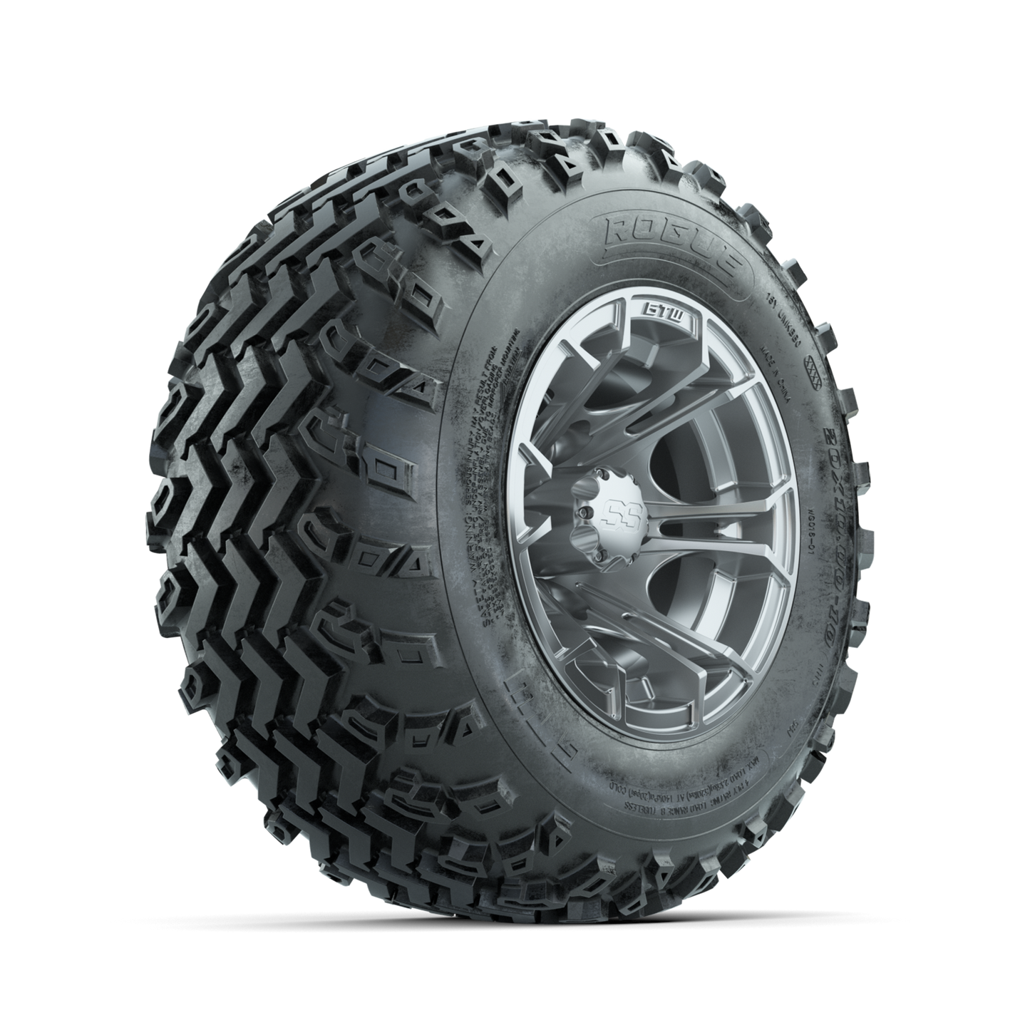 GTW Spyder Silver 10 in Wheels with 20x10.00-10 Rogue All Terrain Tires Full Set