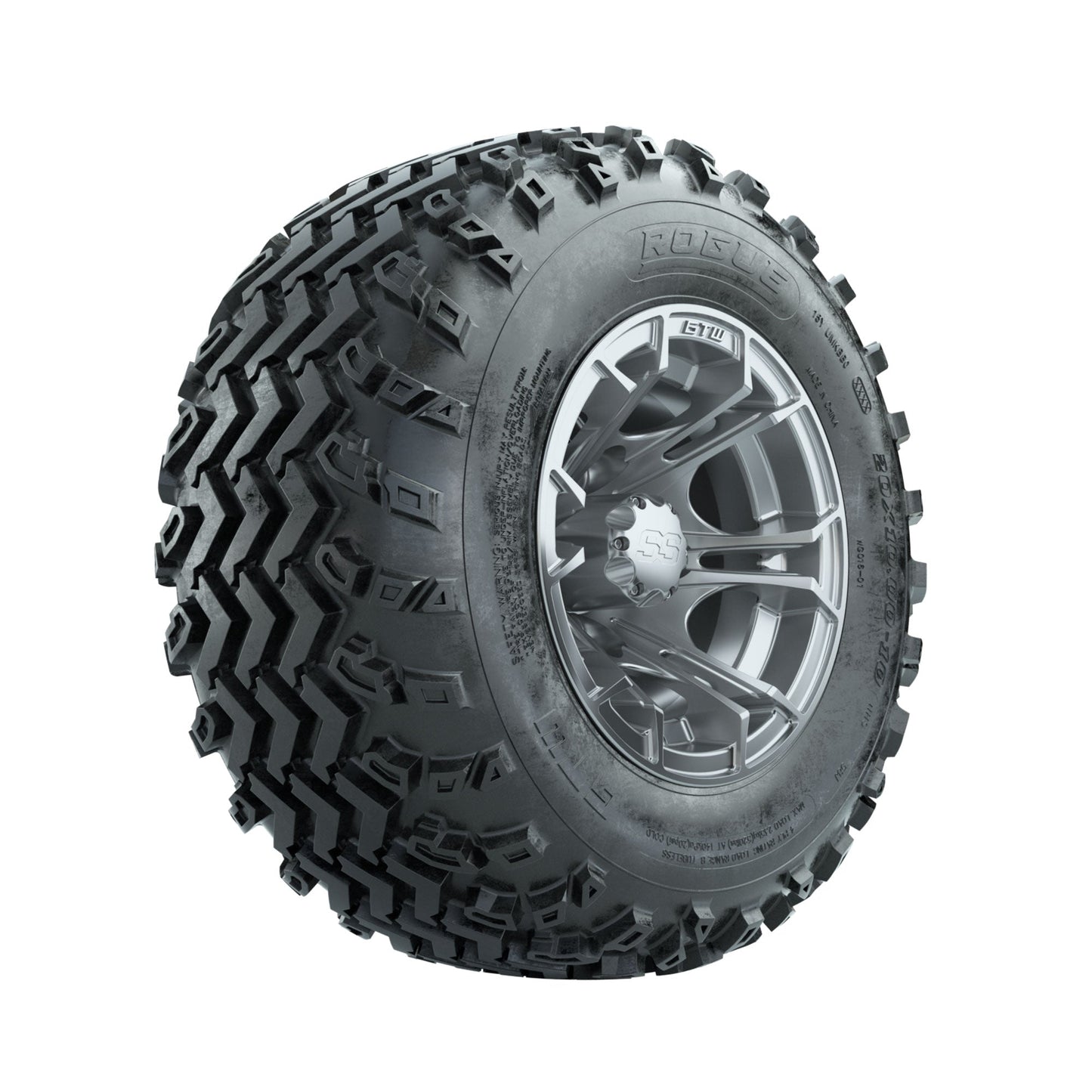 GTW Spyder Silver 10 in Wheels with 20x10.00-10 Rogue All Terrain Tires Full Set
