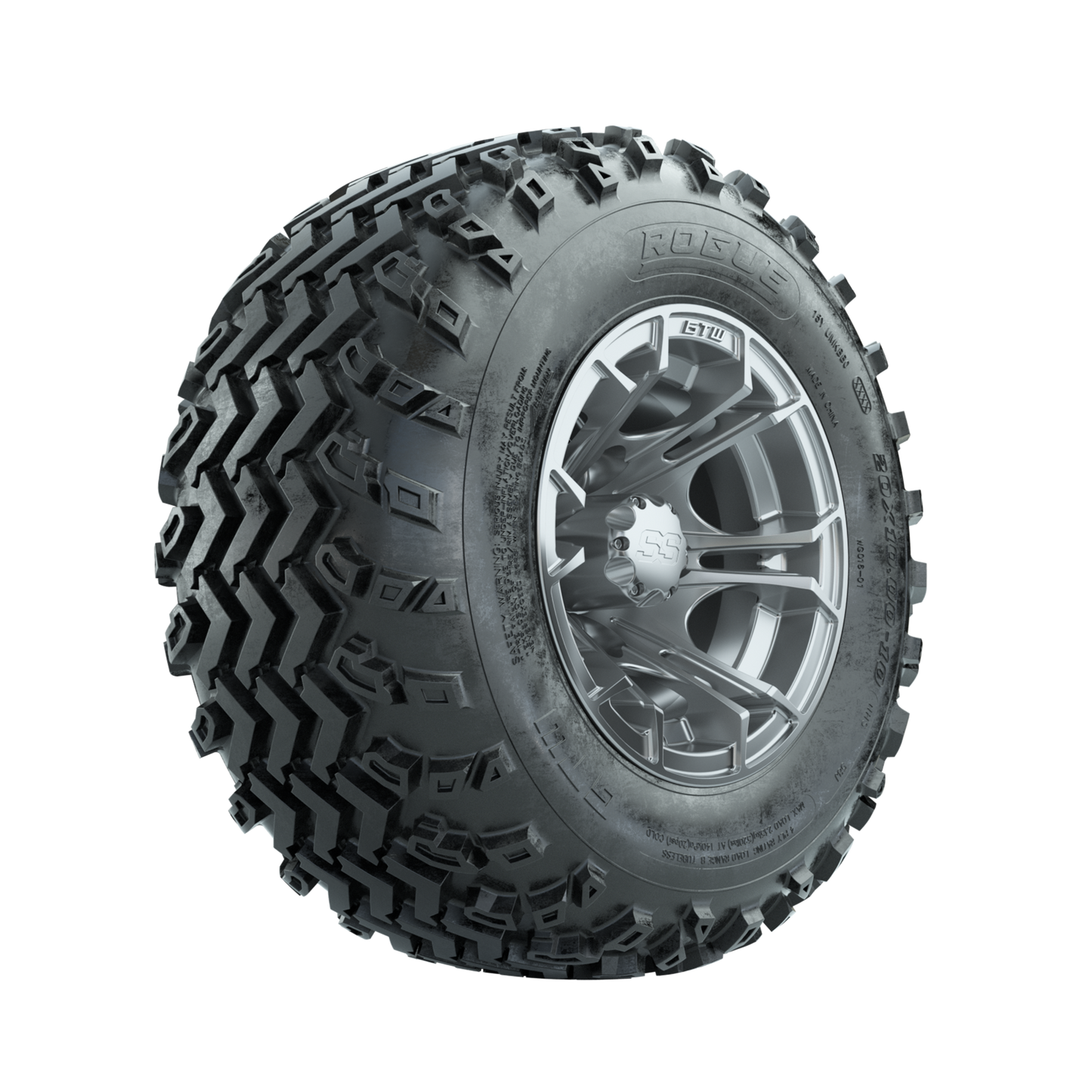 GTW Spyder Silver 10 in Wheels with 20x10.00-10 Rogue All Terrain Tires Full Set