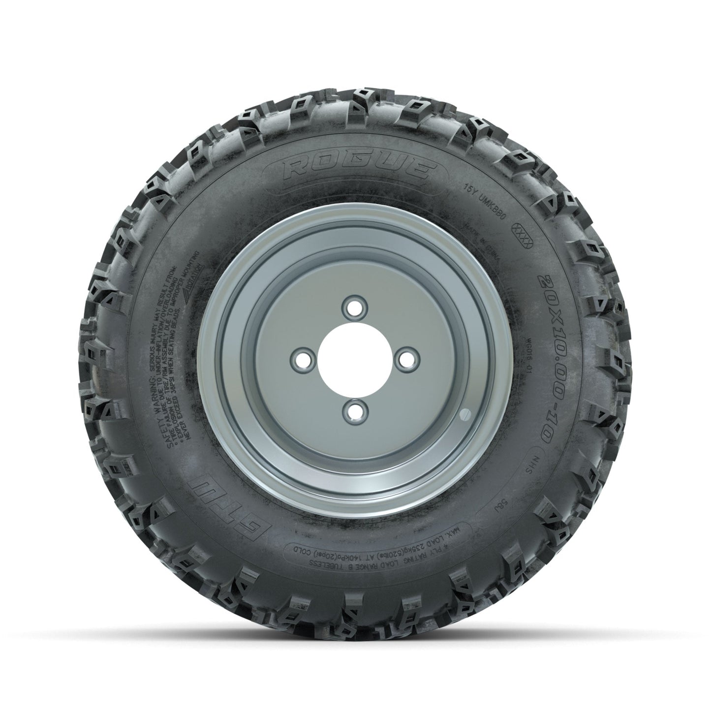 GTW Steel Silver 3:5 Offset 10 in Wheels with 20x10.00-10 Rogue All Terrain Tires Full Set