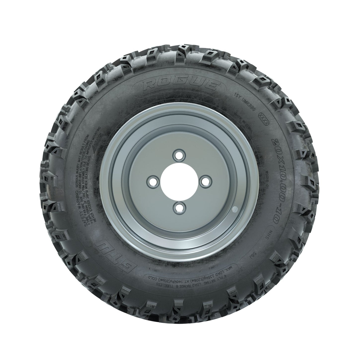 GTW Steel Silver 3:5 Offset 10 in Wheels with 20x10.00-10 Rogue All Terrain Tires Full Set