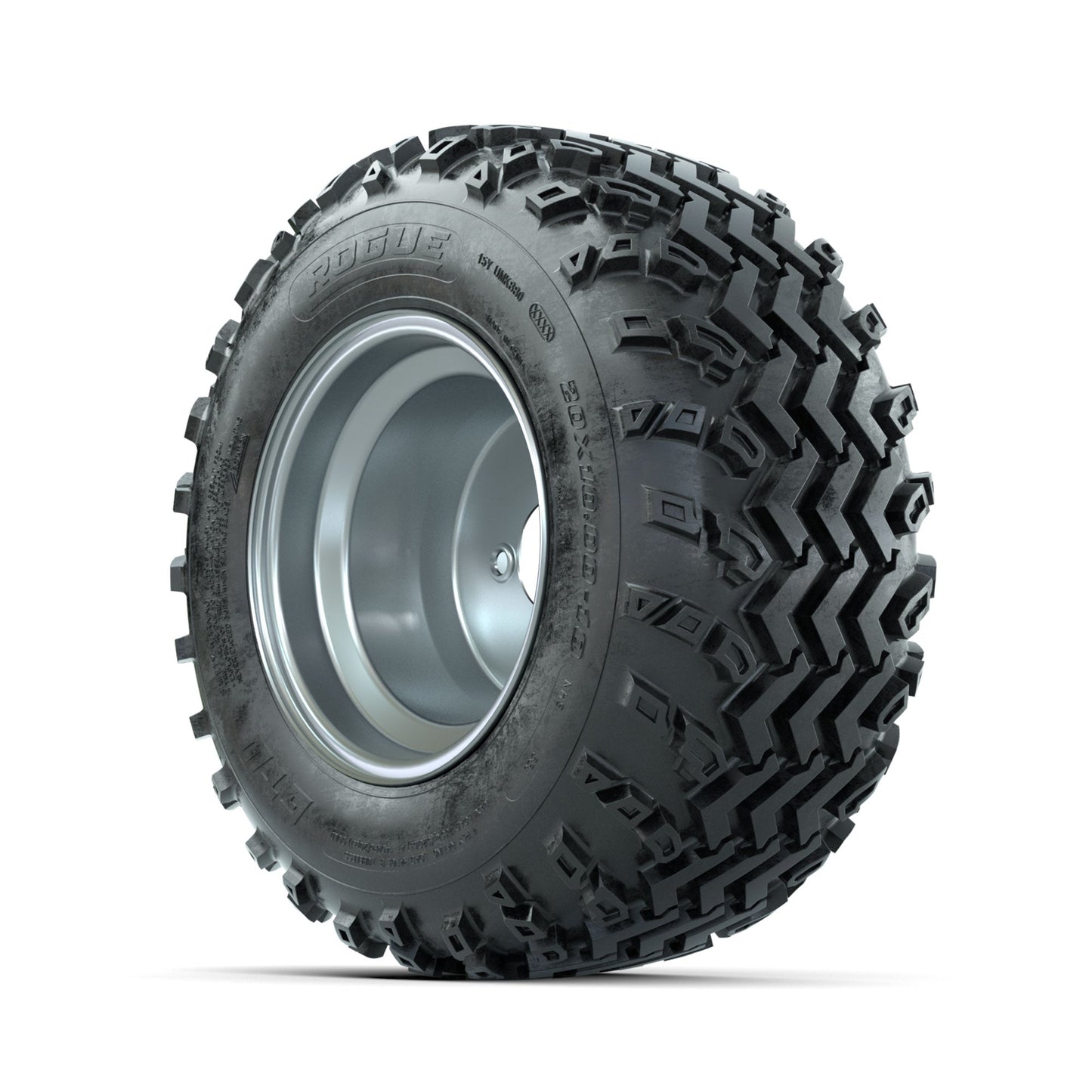 GTW Steel Silver 3:5 Offset 10 in Wheels with 20x10.00-10 Rogue All Terrain Tires Full Set
