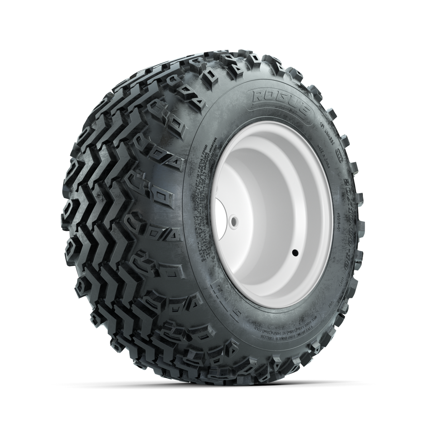 GTW Steel White 3:5 Offset 10 in Wheels with 20x10.00-10 Rogue All Terrain Tires Full Set
