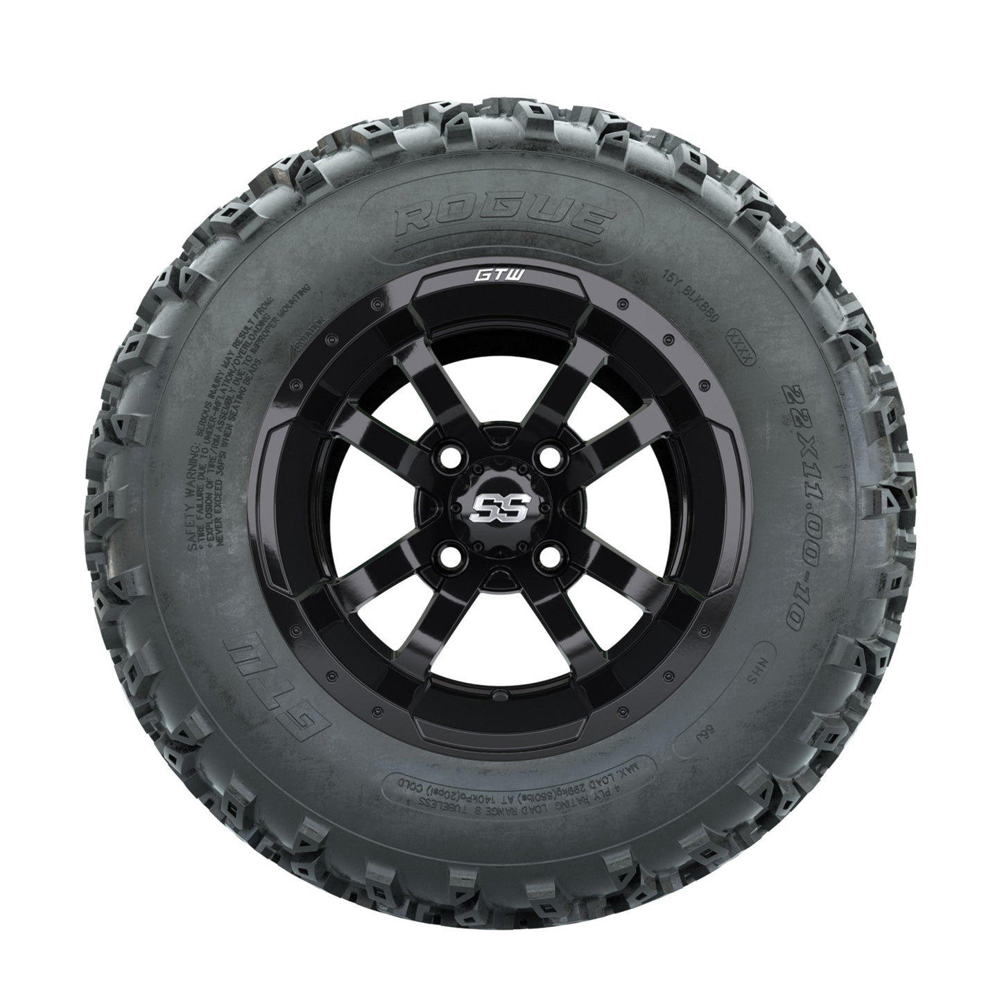 GTW Storm Trooper Black 10 in Wheels with 22x11.00-10 Rogue All Terrain Tires Full Set