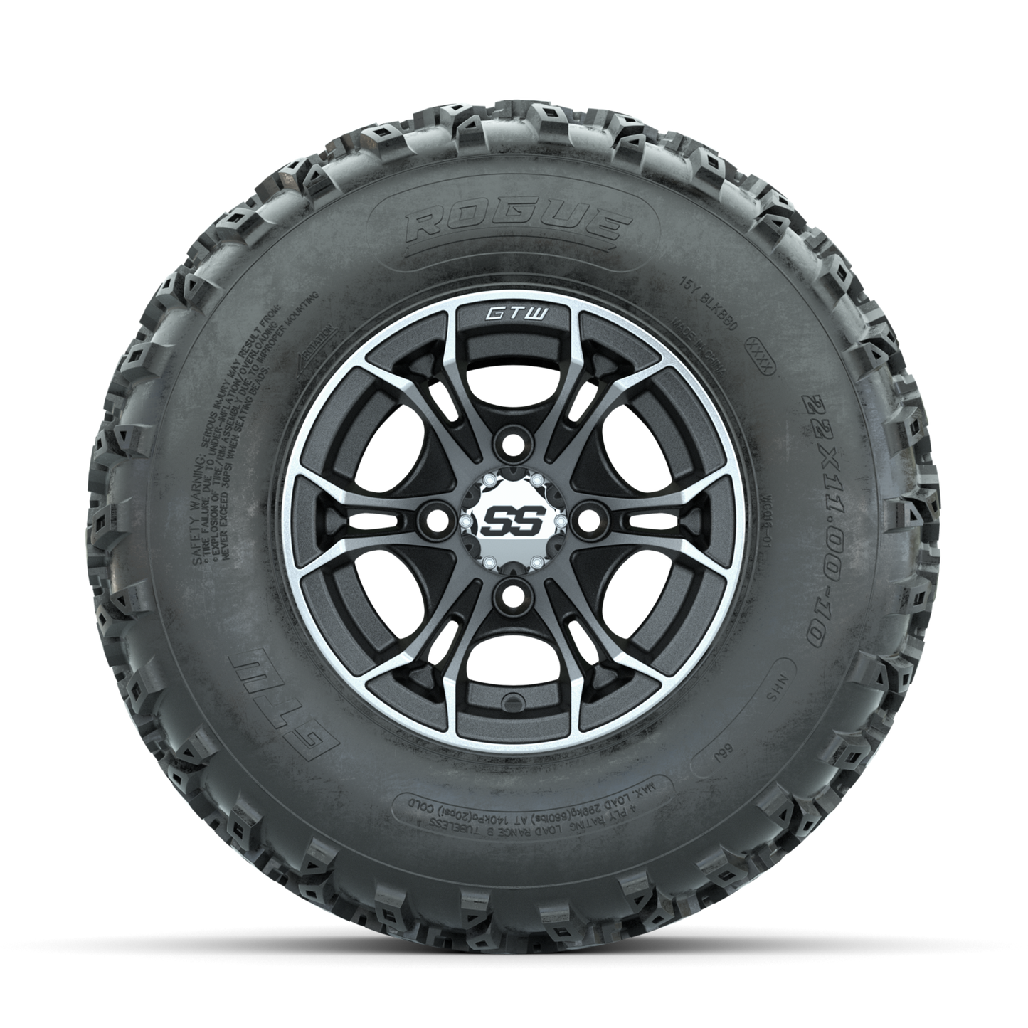 GTW Spyder Machined/Matte Grey 10 in Wheels with 22x11.00-10 Rogue All Terrain Tires Full Set