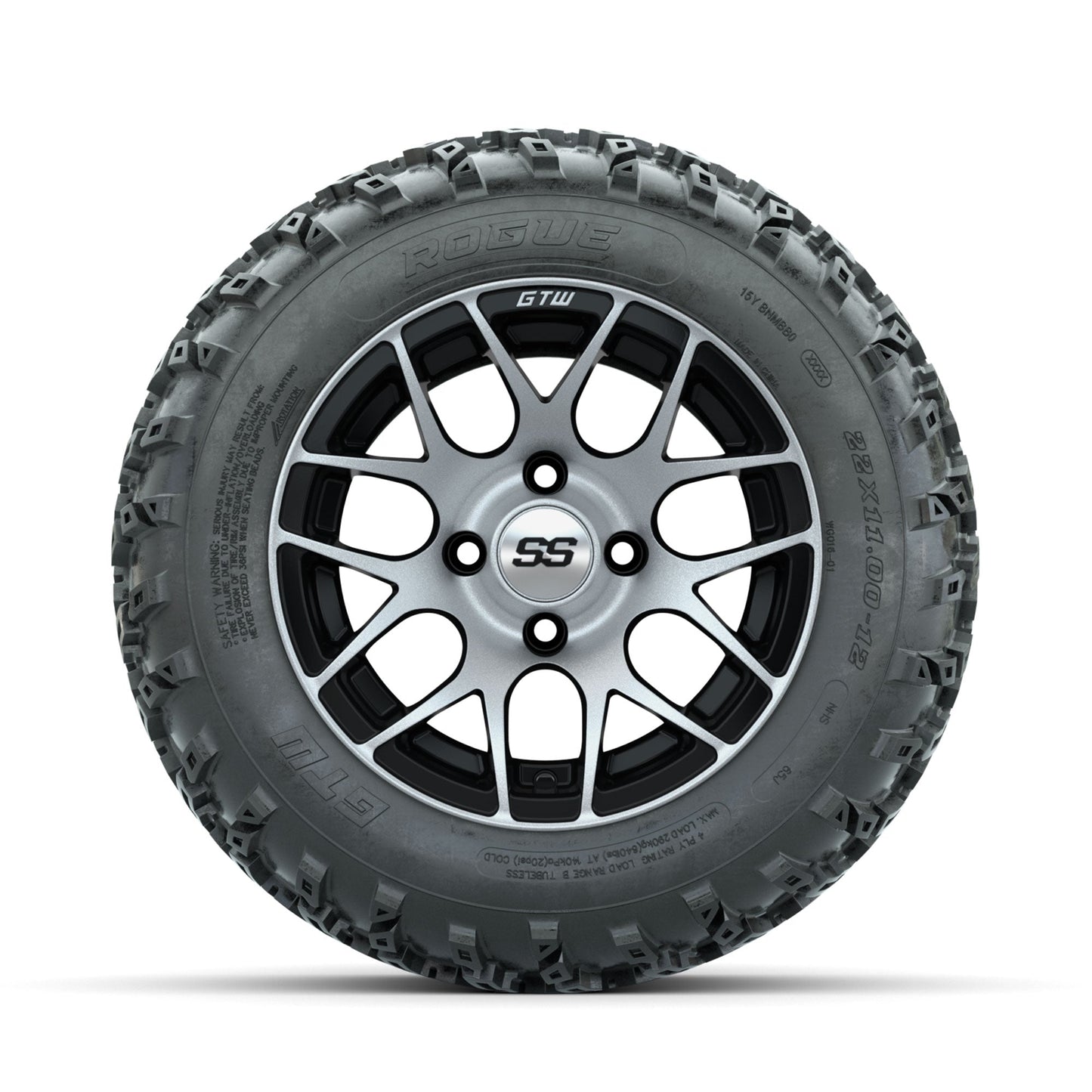 GTW Pursuit Machined/Black 12 in Wheels with 22x11.00-12 Rogue All Terrain Tires Full Set