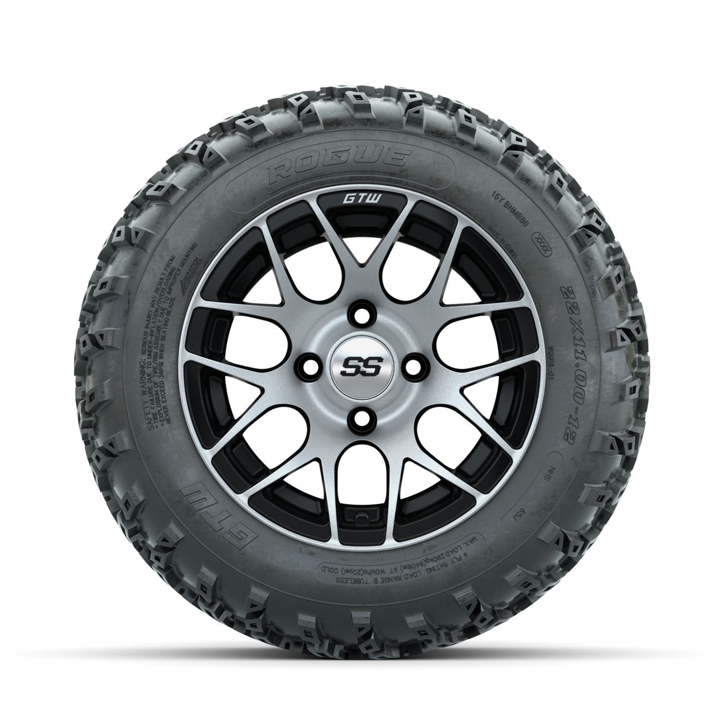 GTW Pursuit Machined/Black 12 in Wheels with 22x11.00-12 Rogue All Terrain Tires Full Set