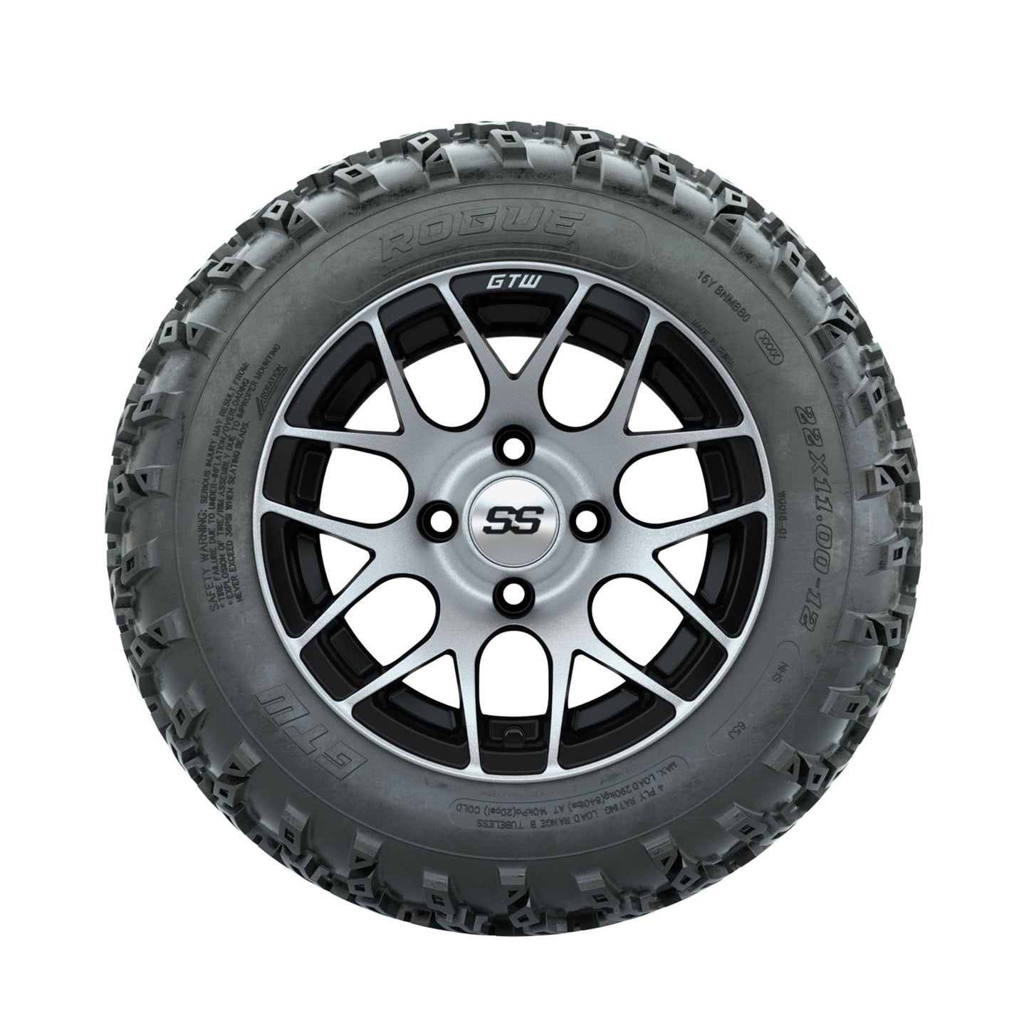 GTW Pursuit Machined/Black 12 in Wheels with 22x11.00-12 Rogue All Terrain Tires Full Set