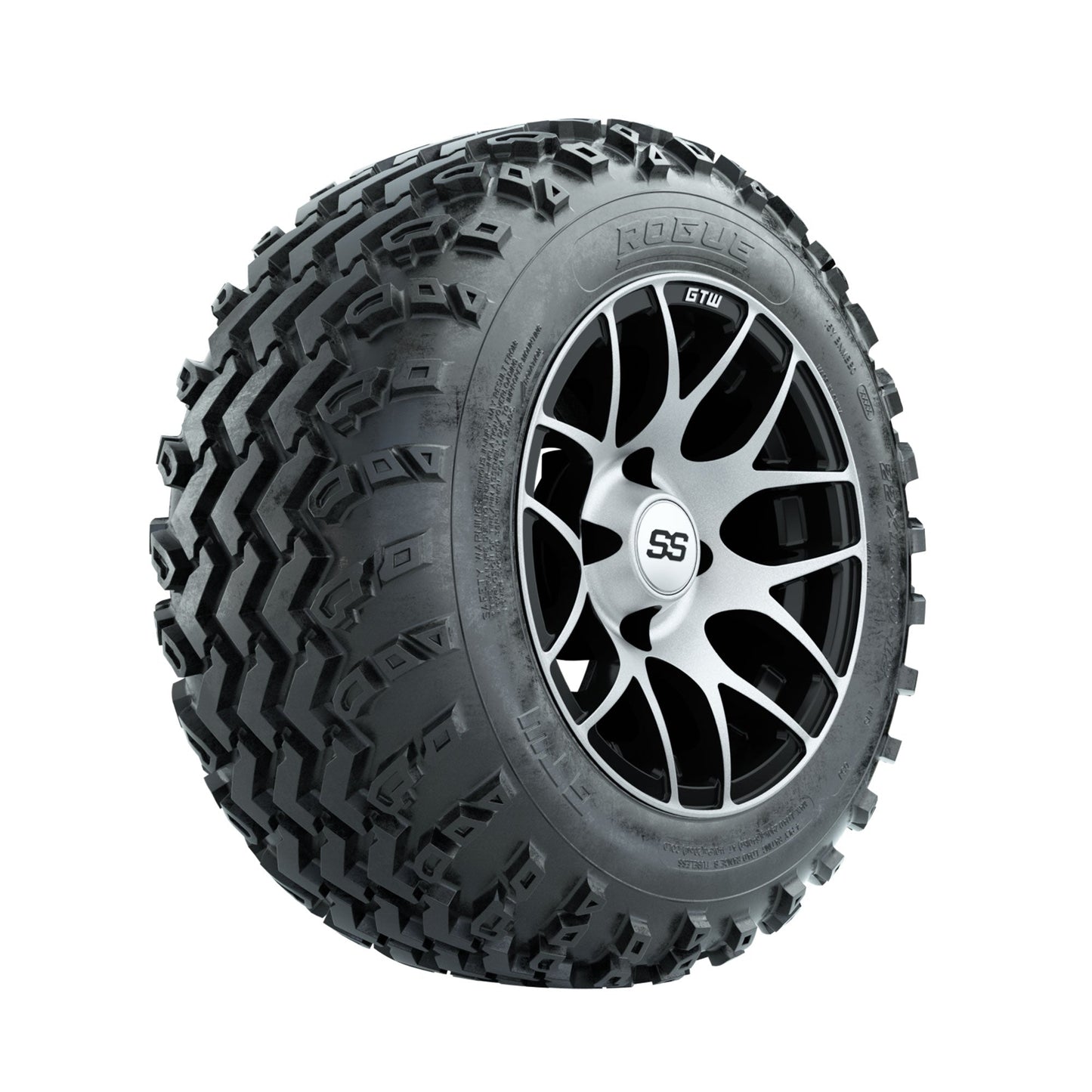 GTW Pursuit Machined/Black 12 in Wheels with 22x11.00-12 Rogue All Terrain Tires Full Set