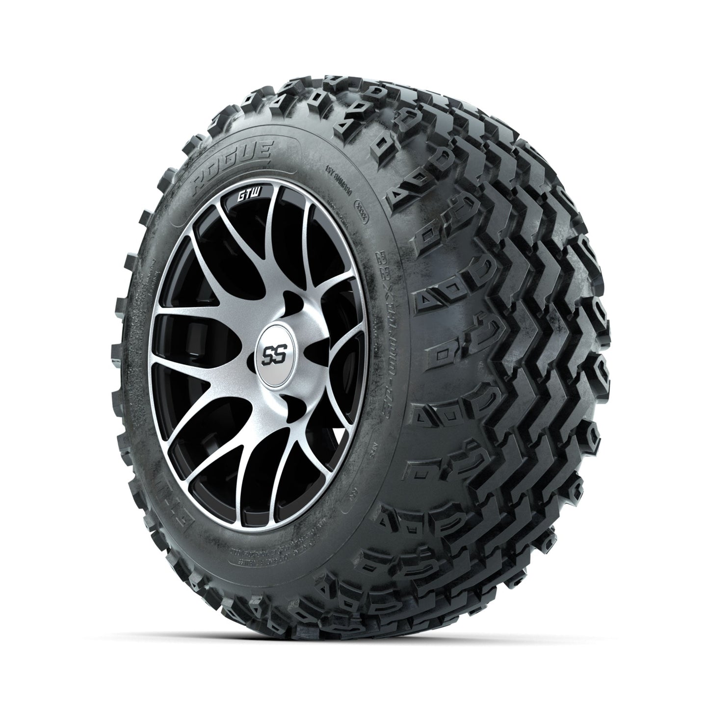 GTW Pursuit Machined/Black 12 in Wheels with 22x11.00-12 Rogue All Terrain Tires Full Set