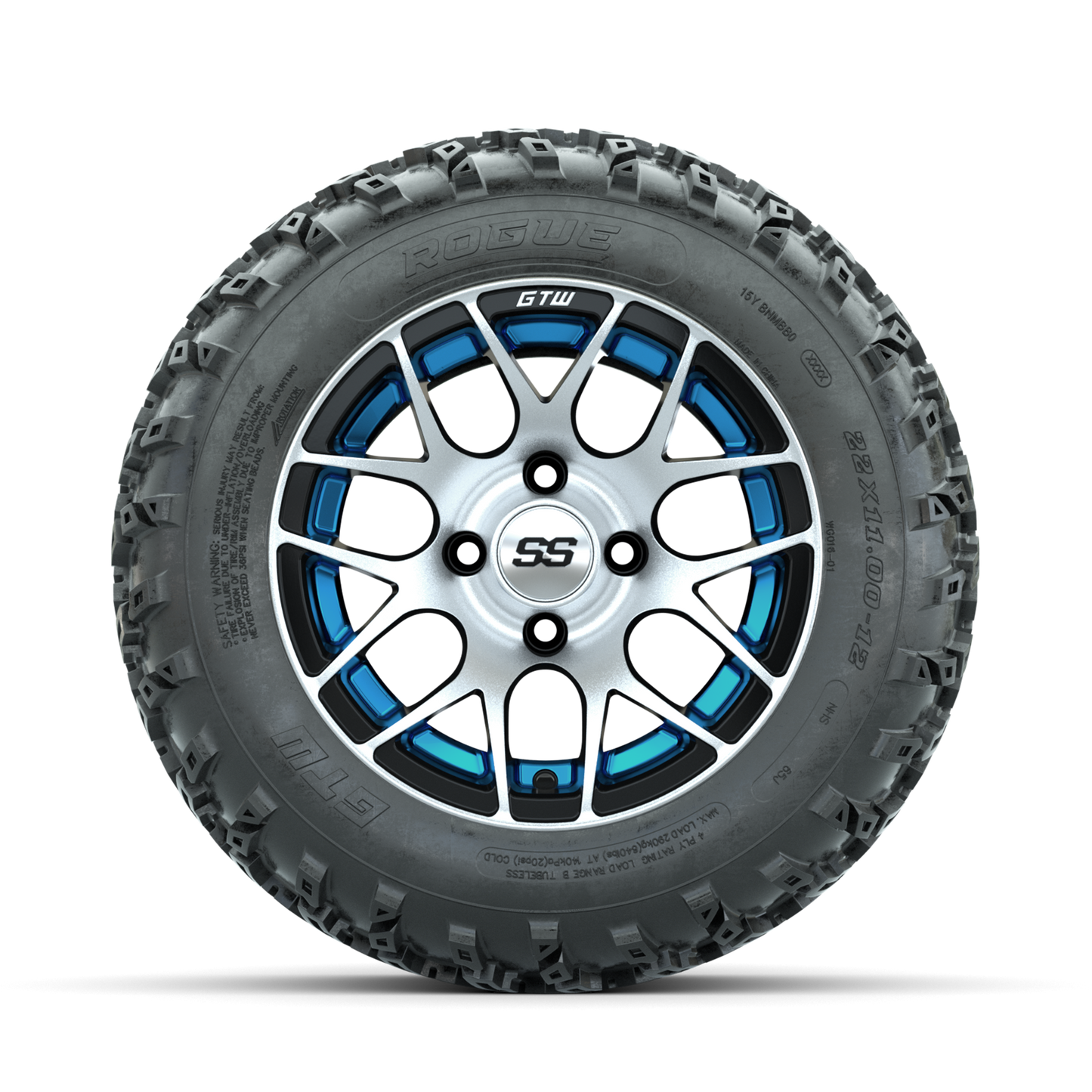 GTW Pursuit Blue 12 in Wheels with 22x11.00-12 Rogue All Terrain Tires Full Set