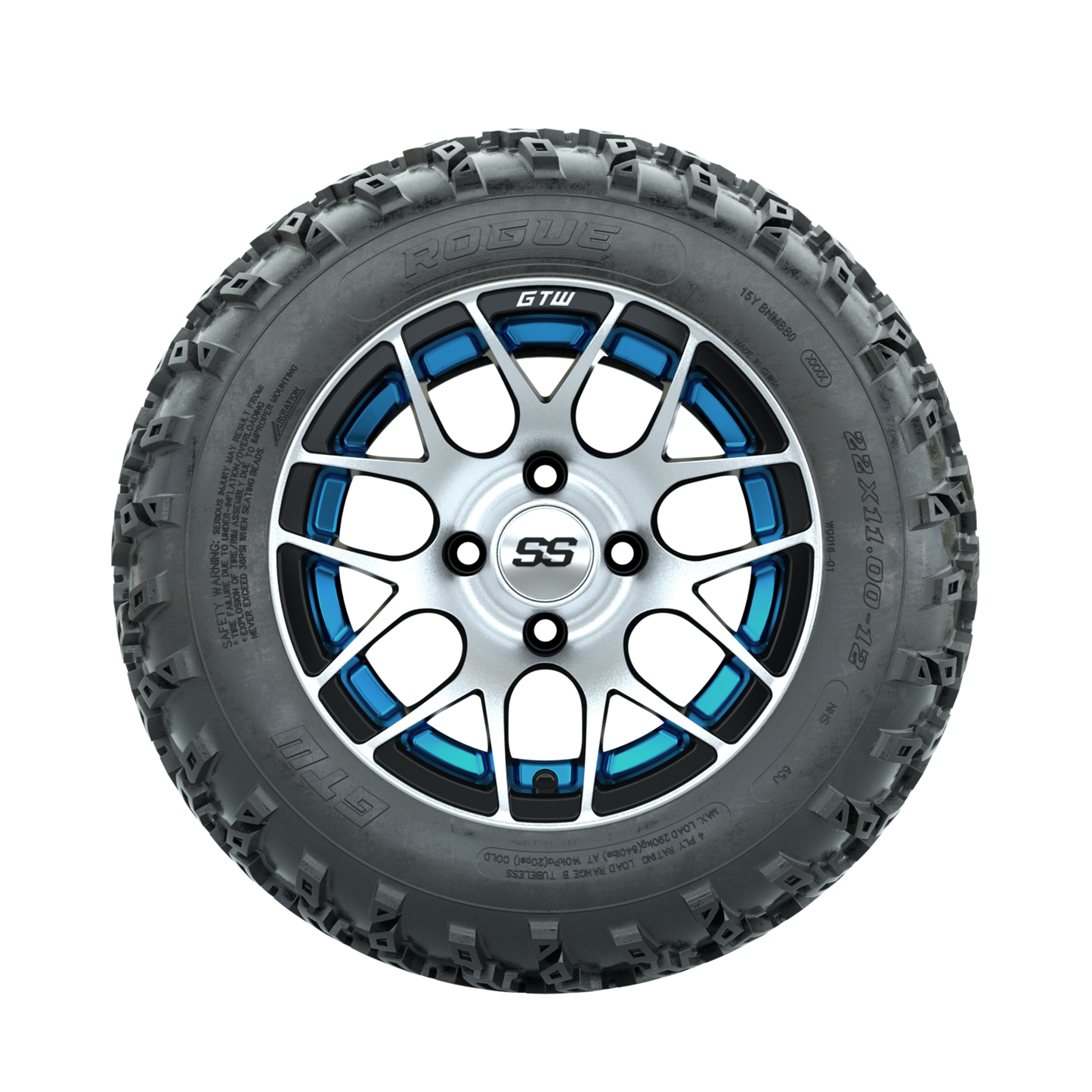 GTW Pursuit Blue 12 in Wheels with 22x11.00-12 Rogue All Terrain Tires Full Set