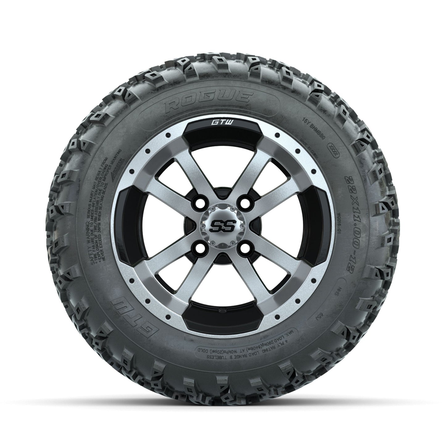 GTW Storm Trooper Machined/Black 12 in Wheels with 22x11.00-12 Rogue All Terrain Tires Full Set