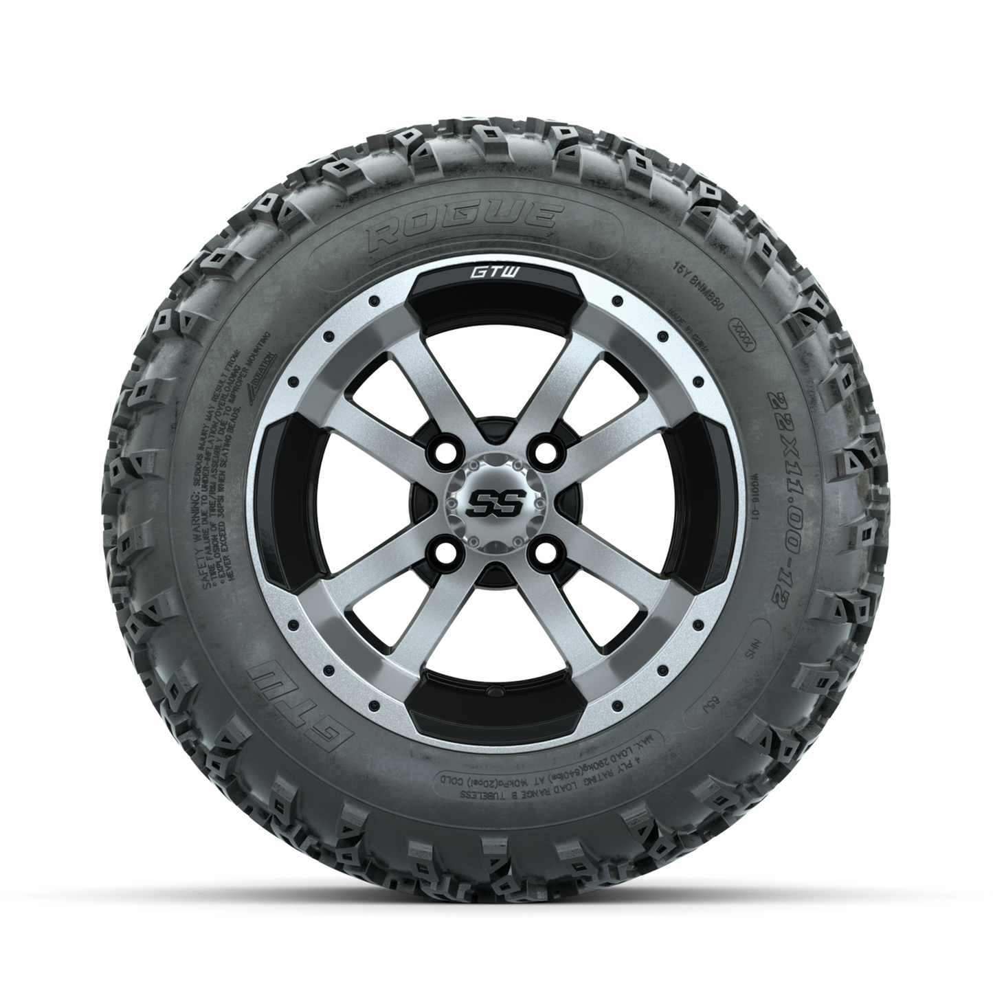 GTW Storm Trooper Machined/Black 12 in Wheels with 22x11.00-12 Rogue All Terrain Tires Full Set