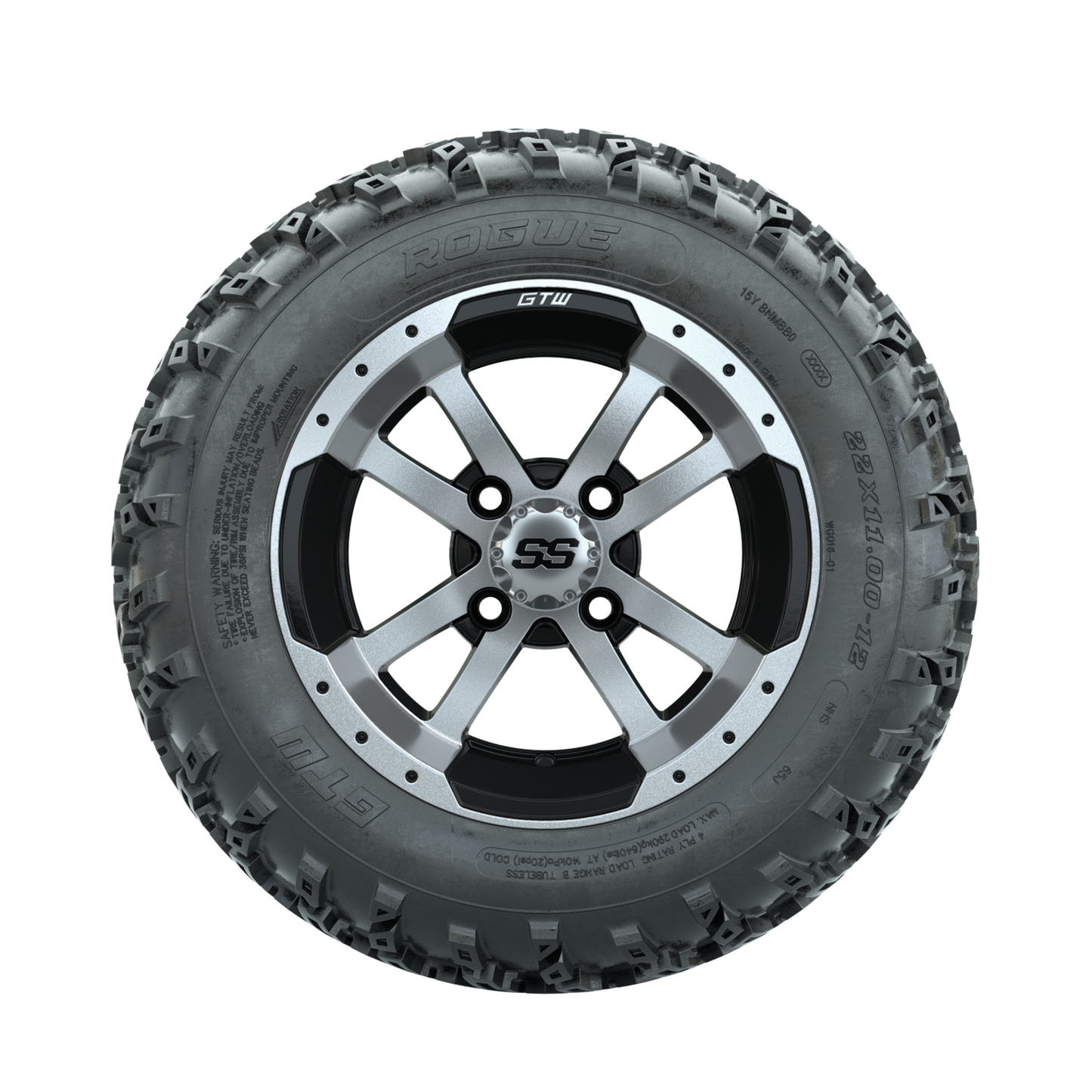 GTW Storm Trooper Machined/Black 12 in Wheels with 22x11.00-12 Rogue All Terrain Tires Full Set