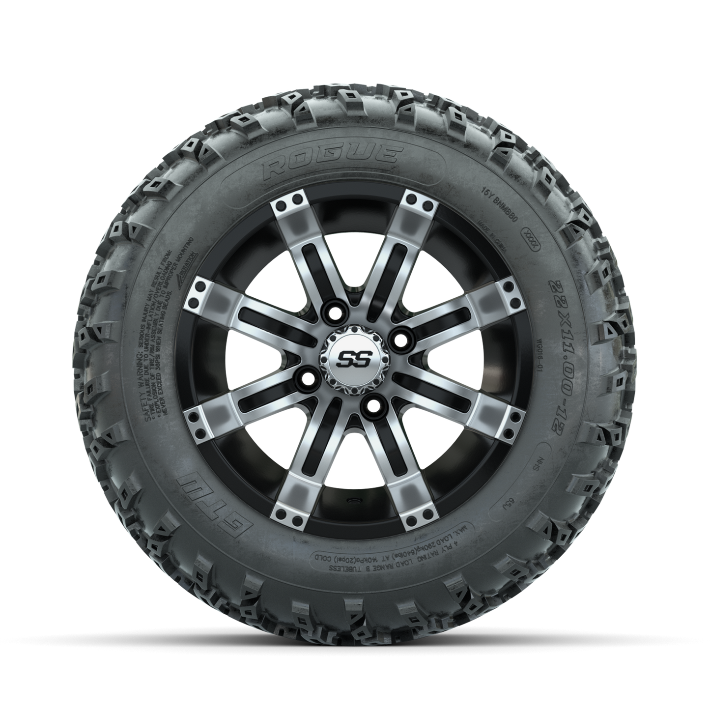 GTW Tempest Machined/Black 12 in Wheels with 22x11.00-12 Rogue All Terrain Tires Full Set