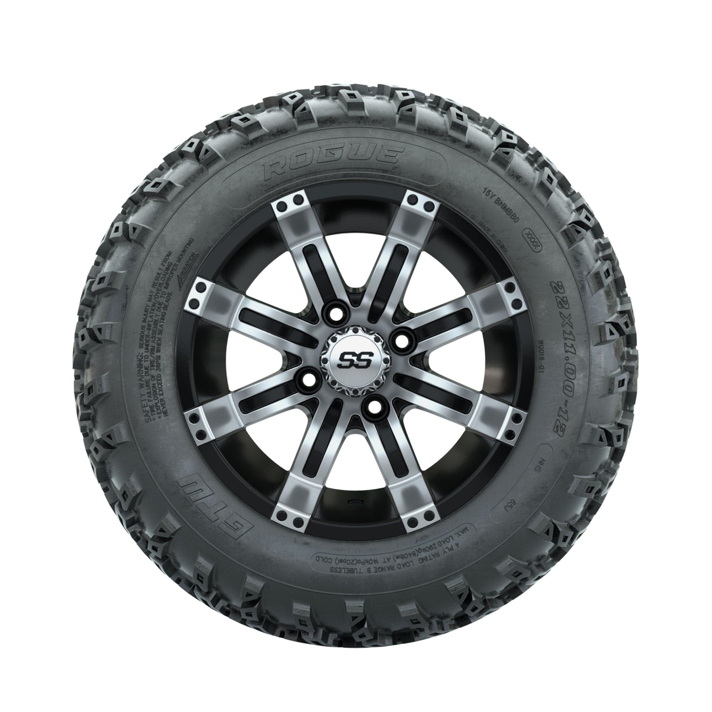 GTW Tempest Machined/Black 12 in Wheels with 22x11.00-12 Rogue All Terrain Tires Full Set
