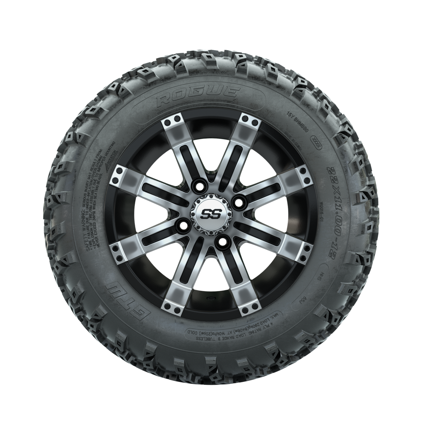 GTW Tempest Machined/Black 12 in Wheels with 22x11.00-12 Rogue All Terrain Tires Full Set