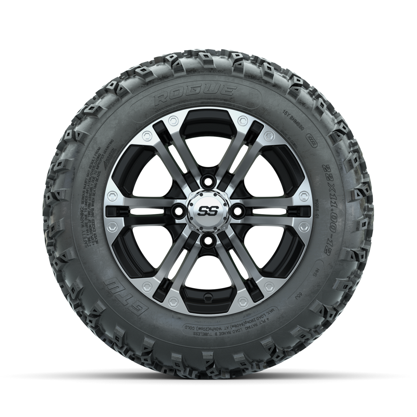 GTW Specter Machined/Black 12 in Wheels with 22x11.00-12 Rogue All Terrain Tires Full Set
