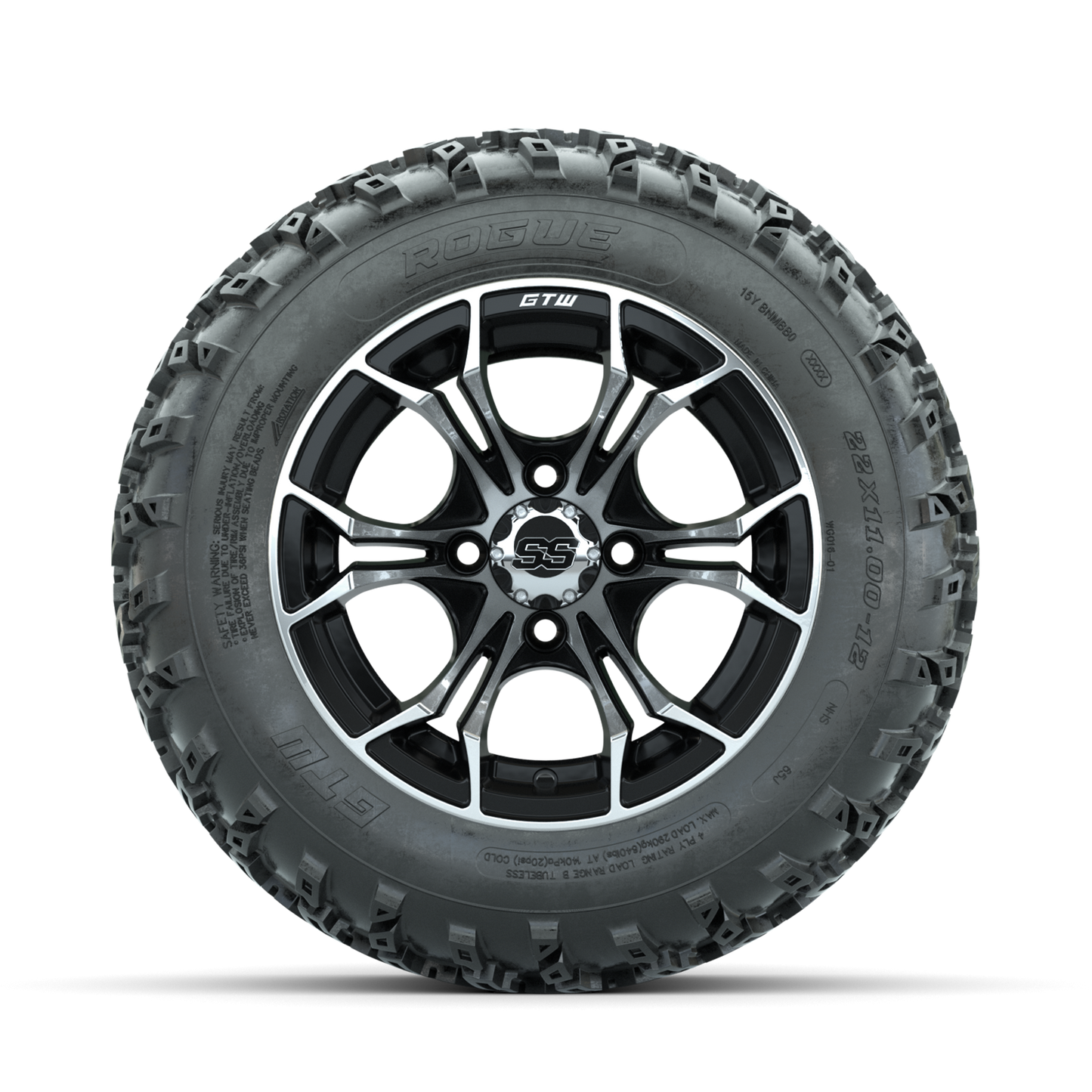 GTW Spyder Machined/Black 12 in Wheels with 22x11.00-12 Rogue All Terrain Tires Full Set