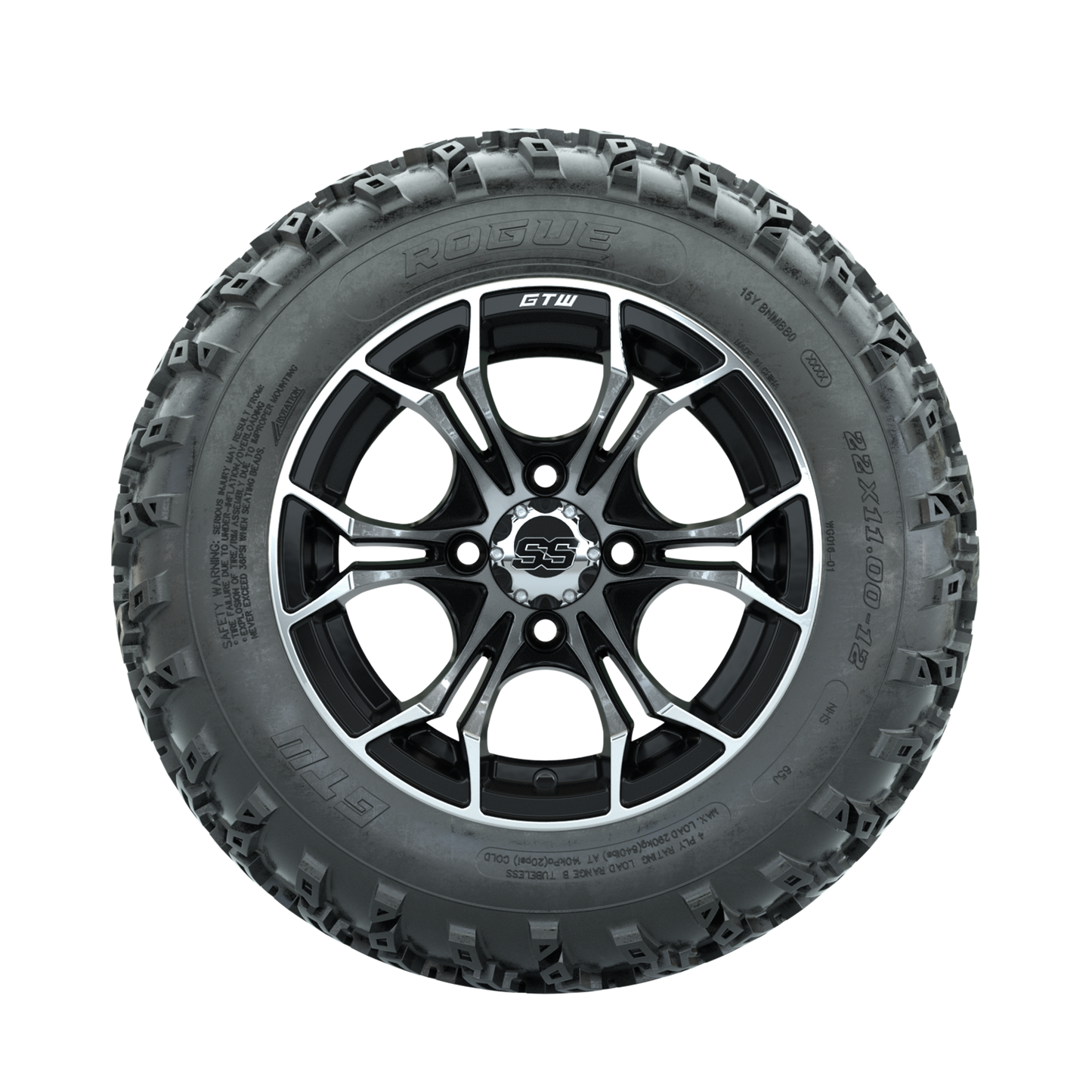 GTW Spyder Machined/Black 12 in Wheels with 22x11.00-12 Rogue All Terrain Tires Full Set