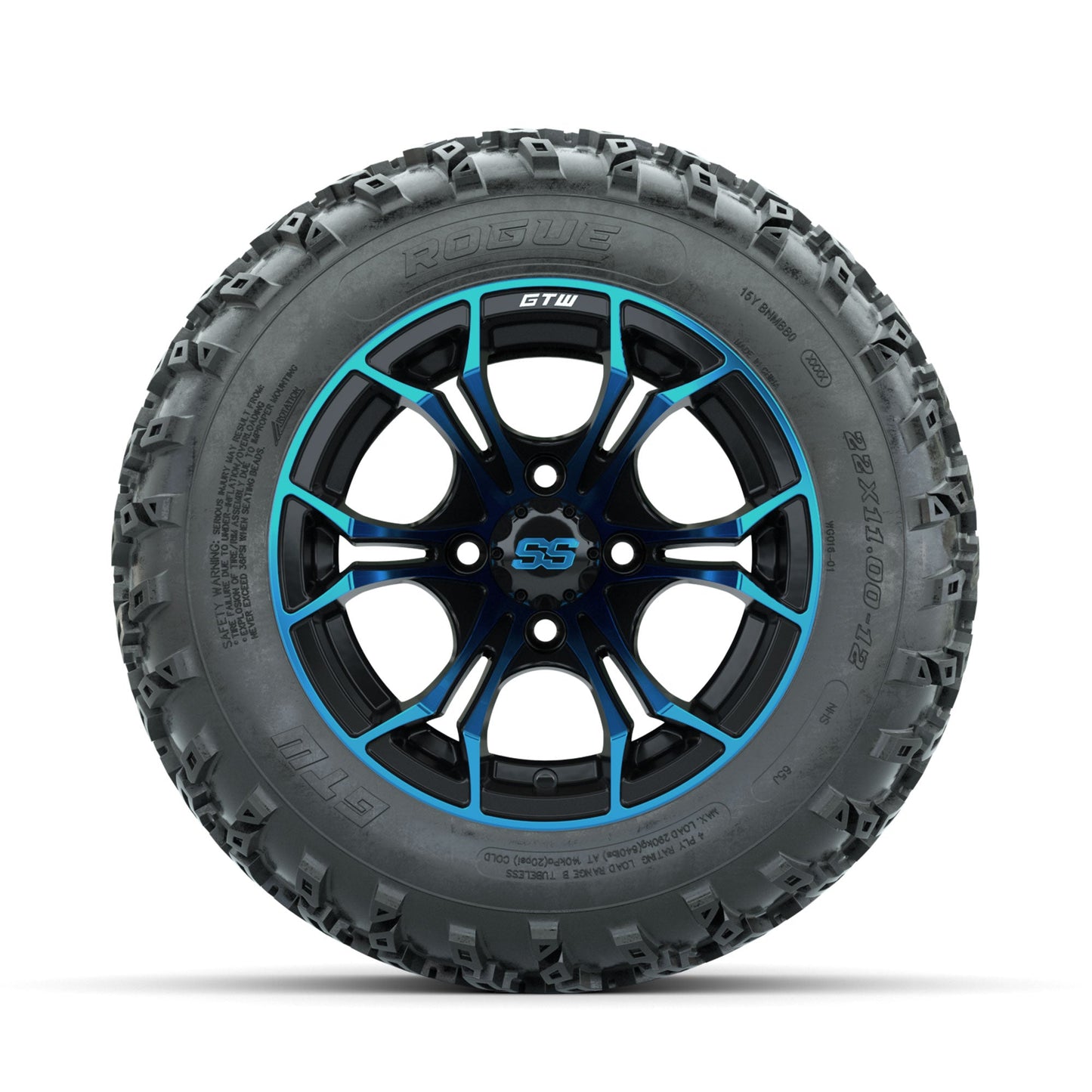 GTW Spyder Blue/Black 12 in Wheels with 22x11.00-12 Rogue All Terrain Tires Full Set