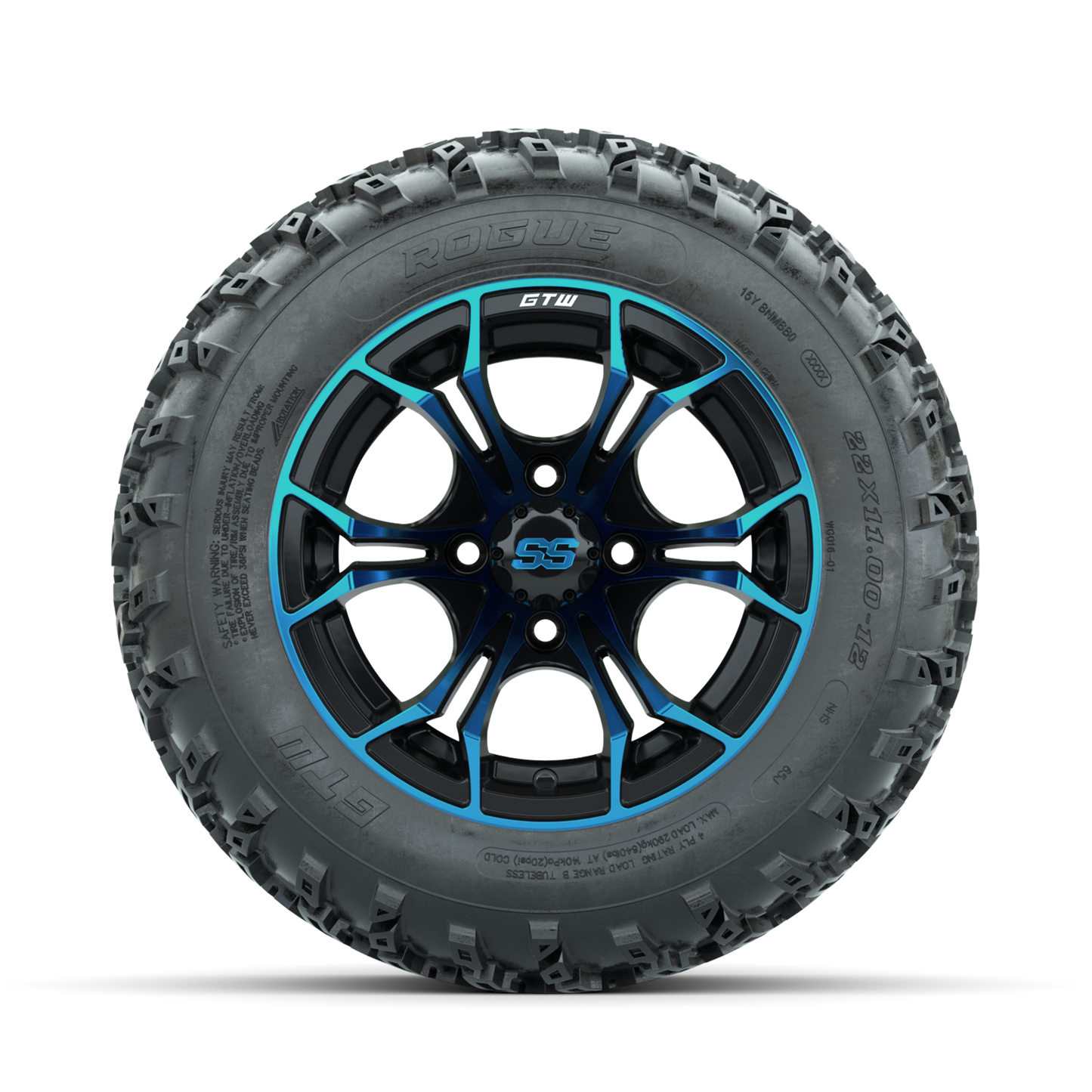 GTW Spyder Blue/Black 12 in Wheels with 22x11.00-12 Rogue All Terrain Tires Full Set