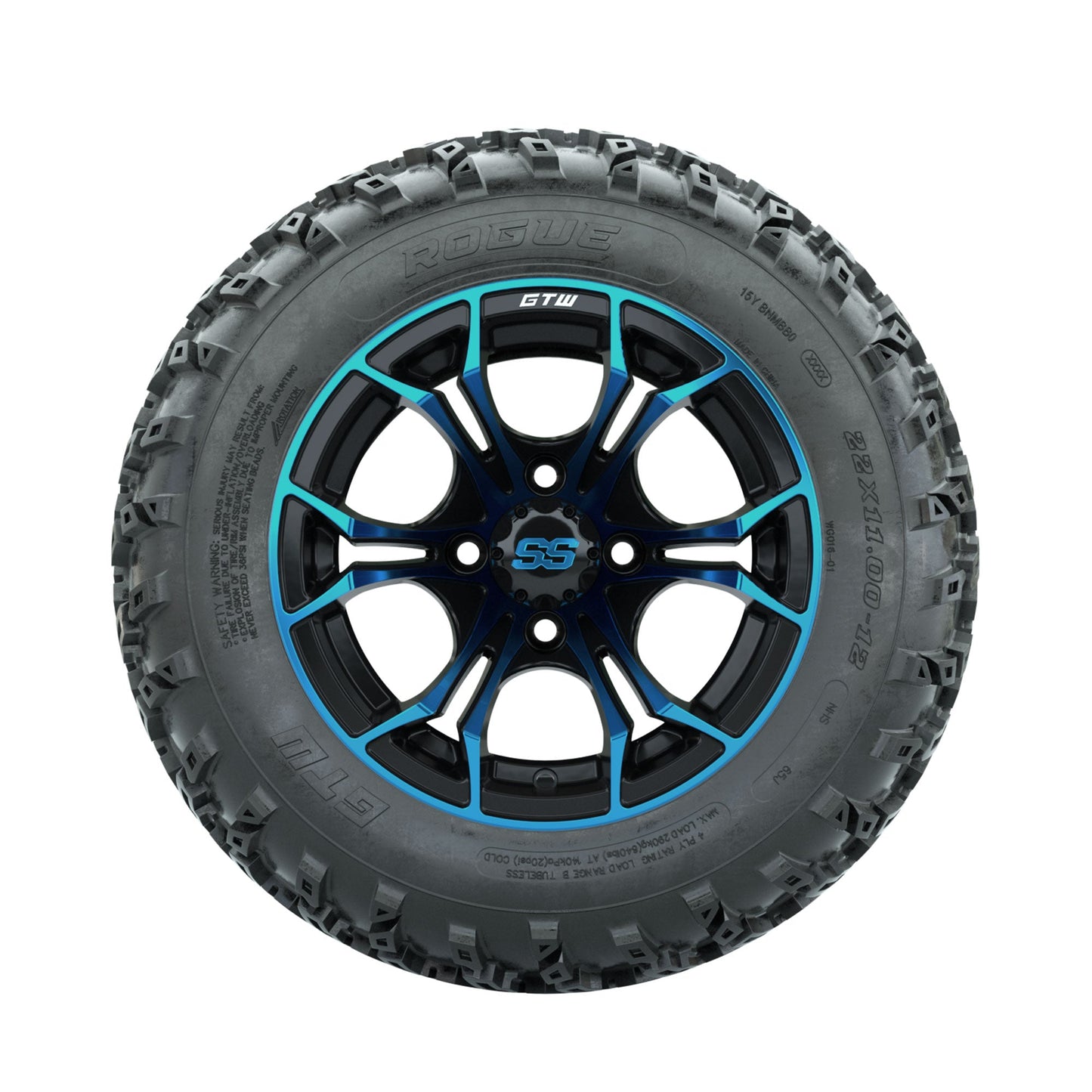 GTW Spyder Blue/Black 12 in Wheels with 22x11.00-12 Rogue All Terrain Tires Full Set