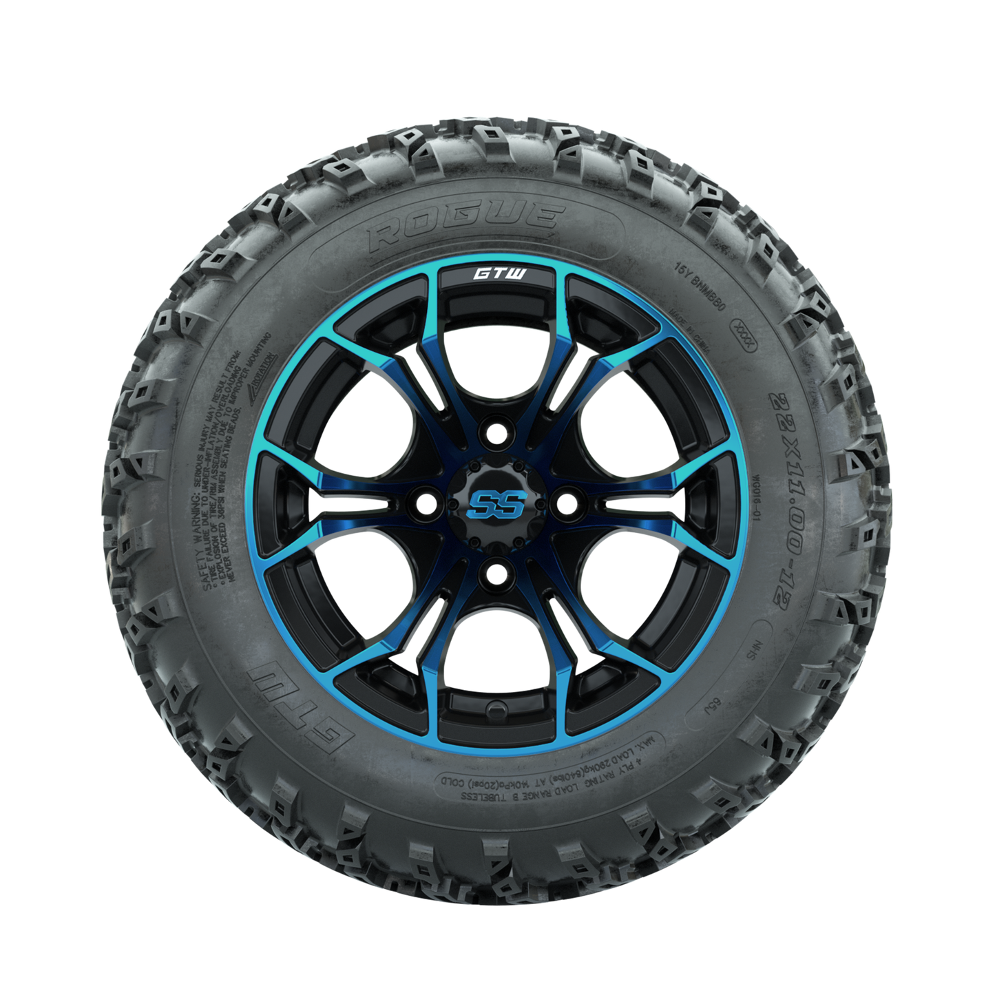 GTW Spyder Blue/Black 12 in Wheels with 22x11.00-12 Rogue All Terrain Tires Full Set