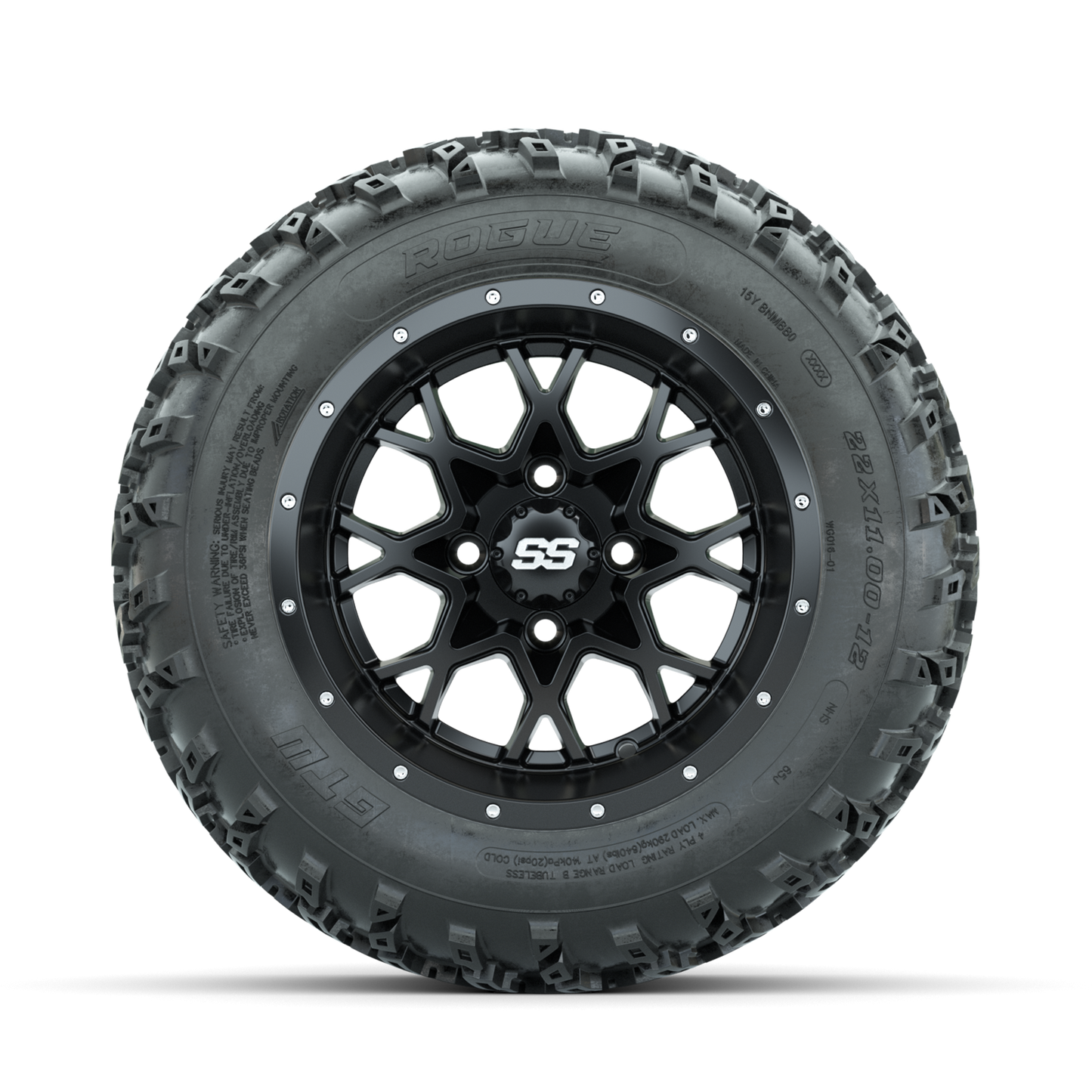 GTW Vortex Matte Black 12 in Wheels with 22x11.00-12 Rogue All Terrain Tires Full Set