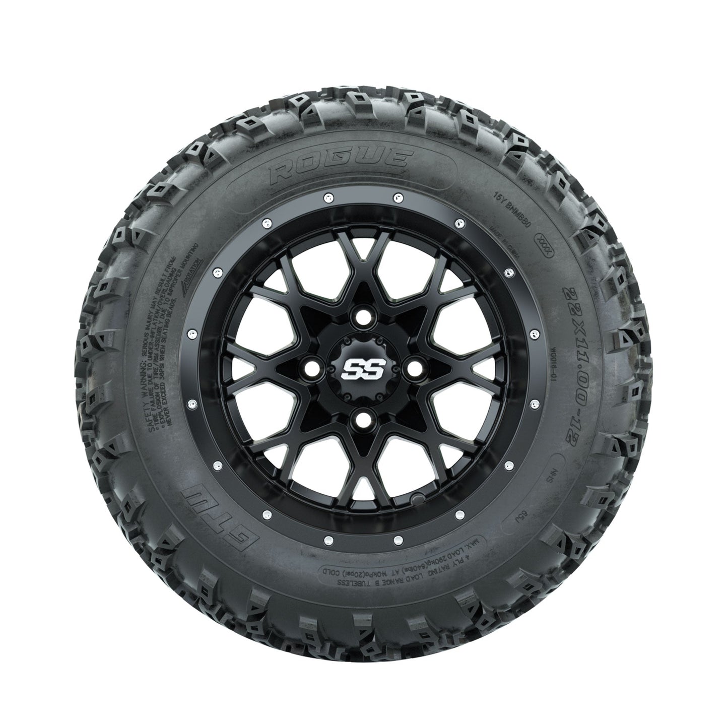 GTW Vortex Matte Black 12 in Wheels with 22x11.00-12 Rogue All Terrain Tires Full Set