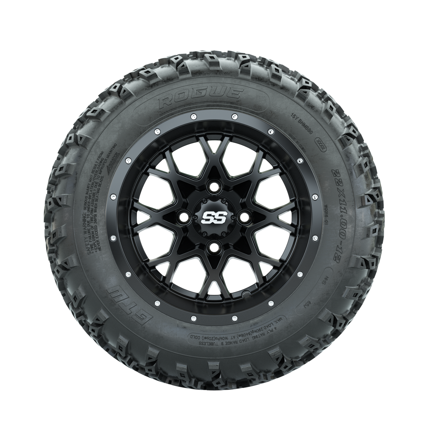 GTW Vortex Matte Black 12 in Wheels with 22x11.00-12 Rogue All Terrain Tires Full Set