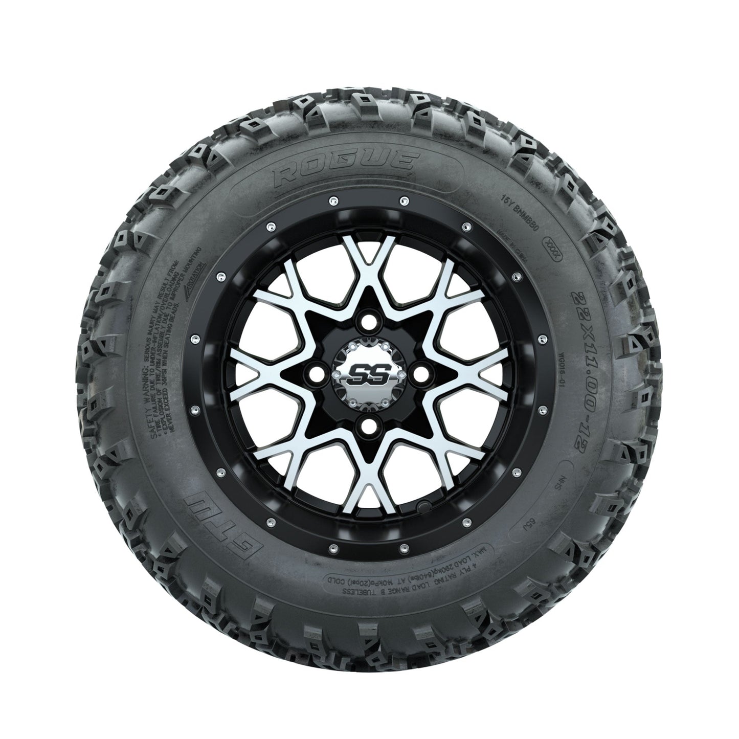 GTW Vortex Machined/Matte Black 12 in Wheels with 22x11.00-12 Rogue All Terrain Tires Full Set