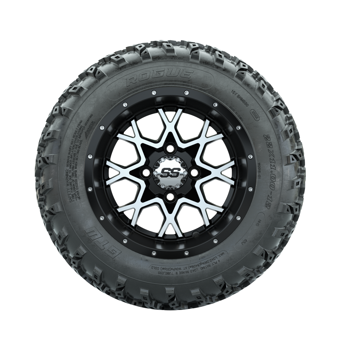 GTW Vortex Machined/Matte Black 12 in Wheels with 22x11.00-12 Rogue All Terrain Tires Full Set