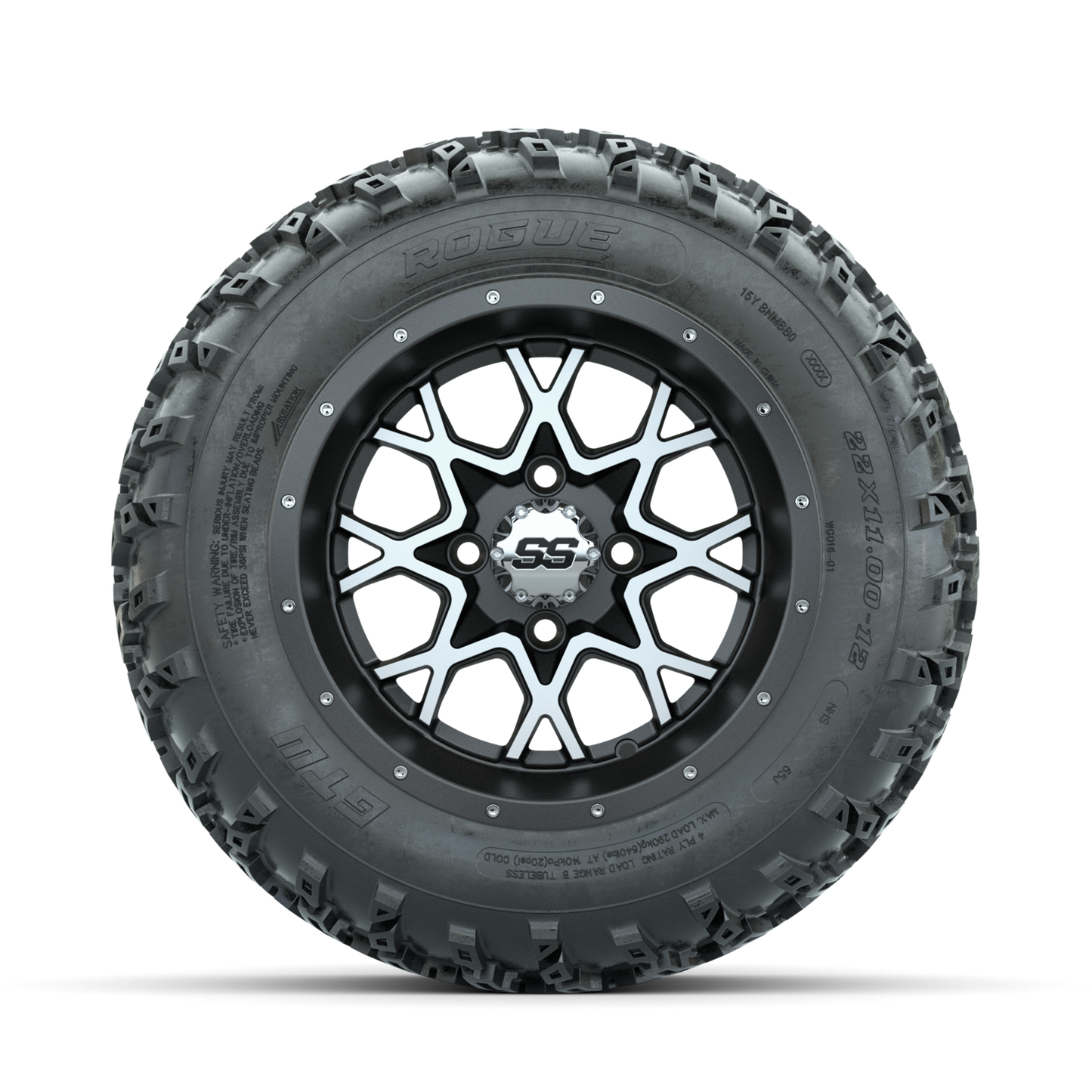 GTW Vortex Machined/Matte Grey 12 in Wheels with 22x11.00-12 Rogue All Terrain Tires Full Set