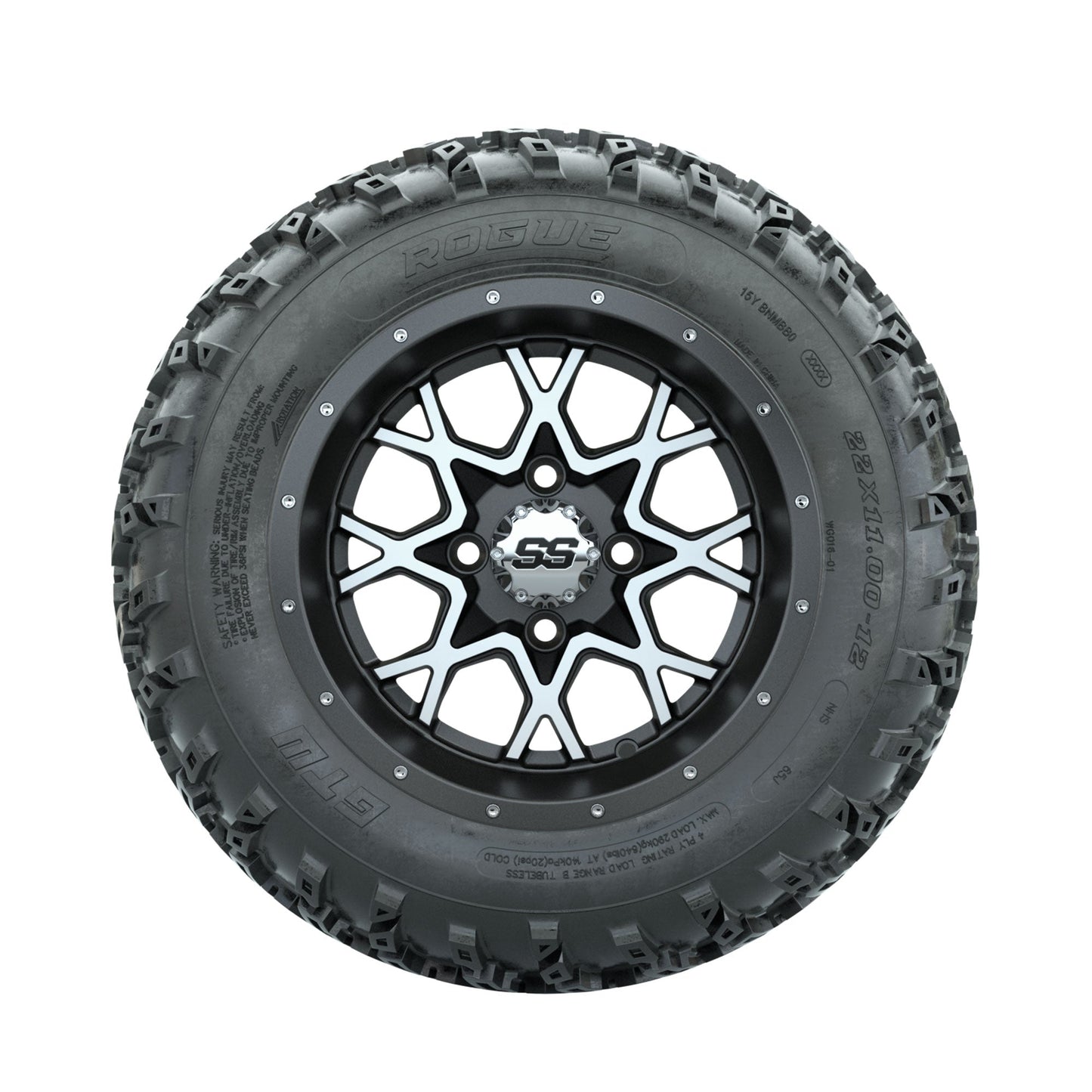 GTW Vortex Machined/Matte Grey 12 in Wheels with 22x11.00-12 Rogue All Terrain Tires Full Set