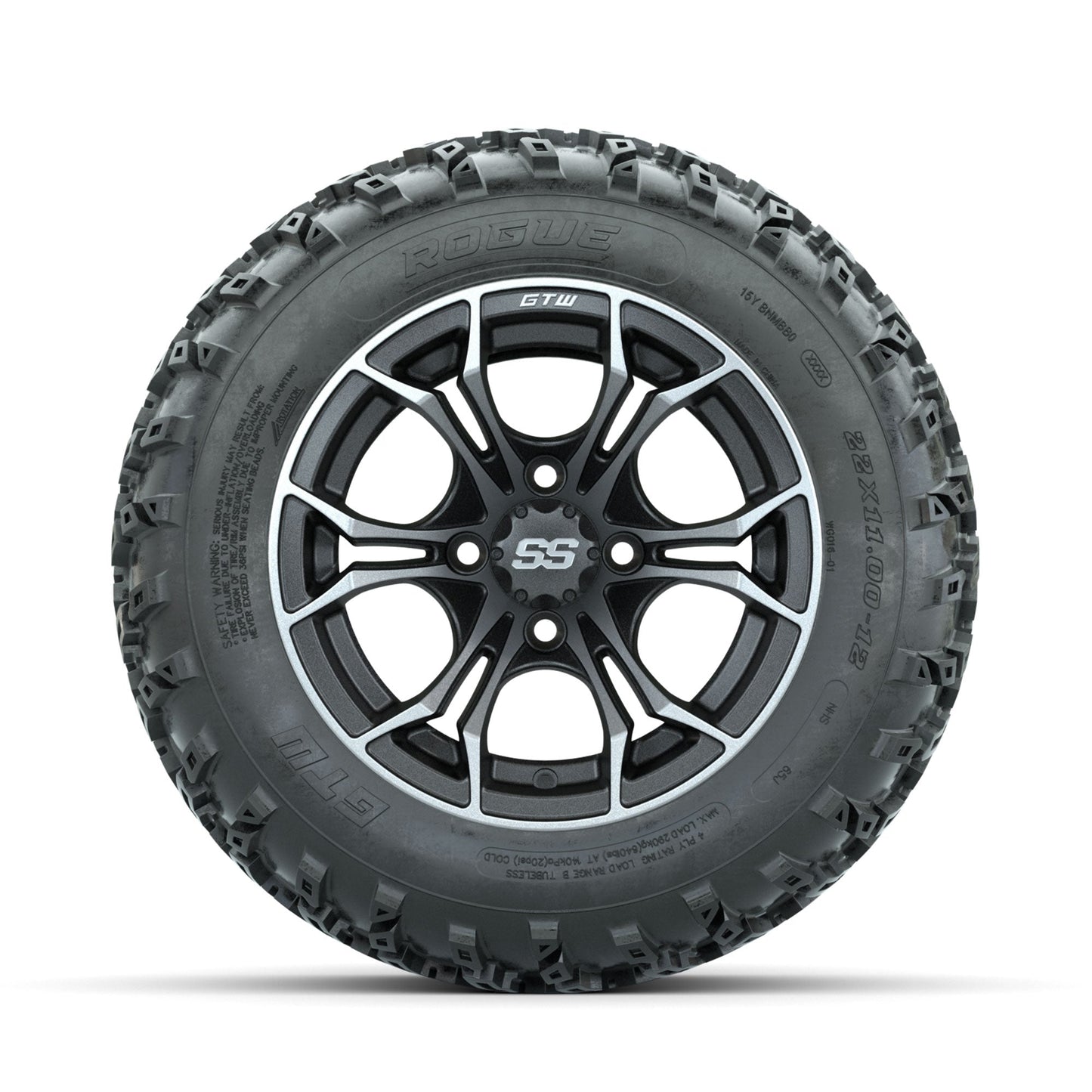 GTW Spyder Machined/Grey 12 in Wheels with 22x11.00-12 Rogue All Terrain Tires Full Set