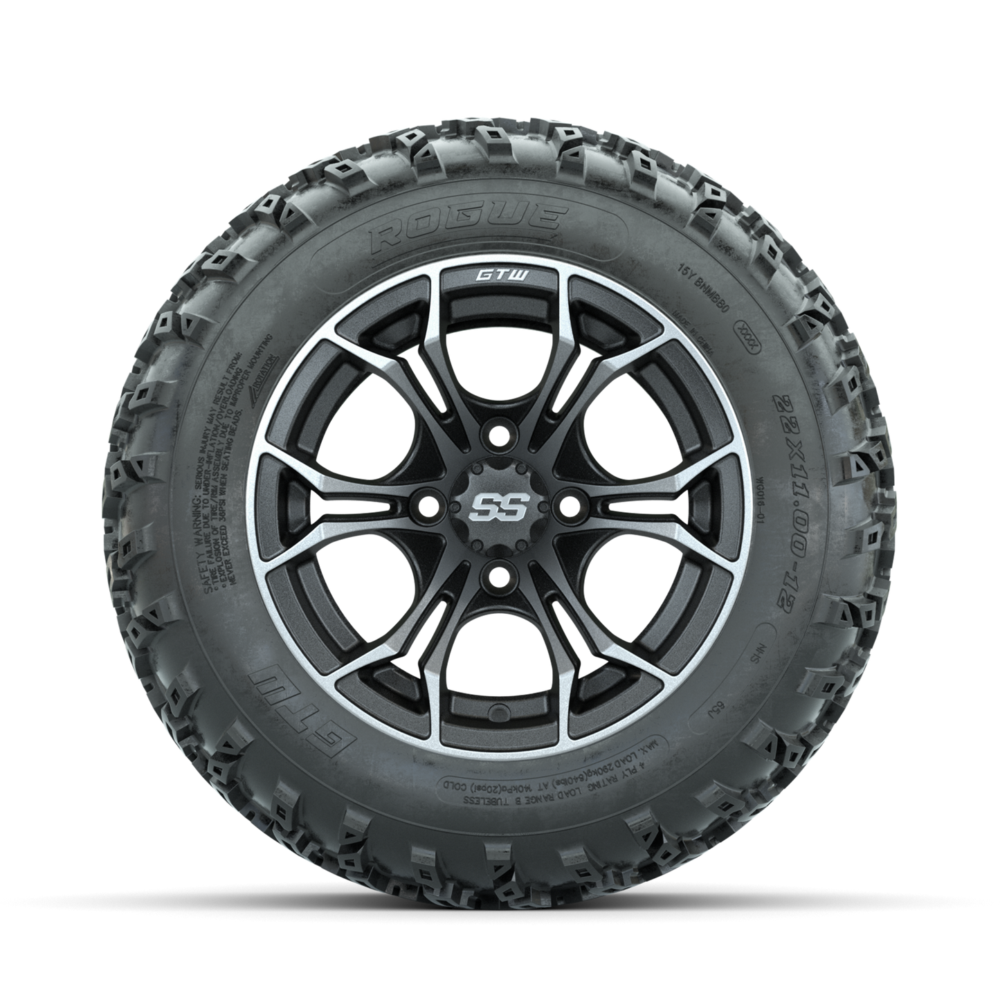GTW Spyder Machined/Grey 12 in Wheels with 22x11.00-12 Rogue All Terrain Tires Full Set