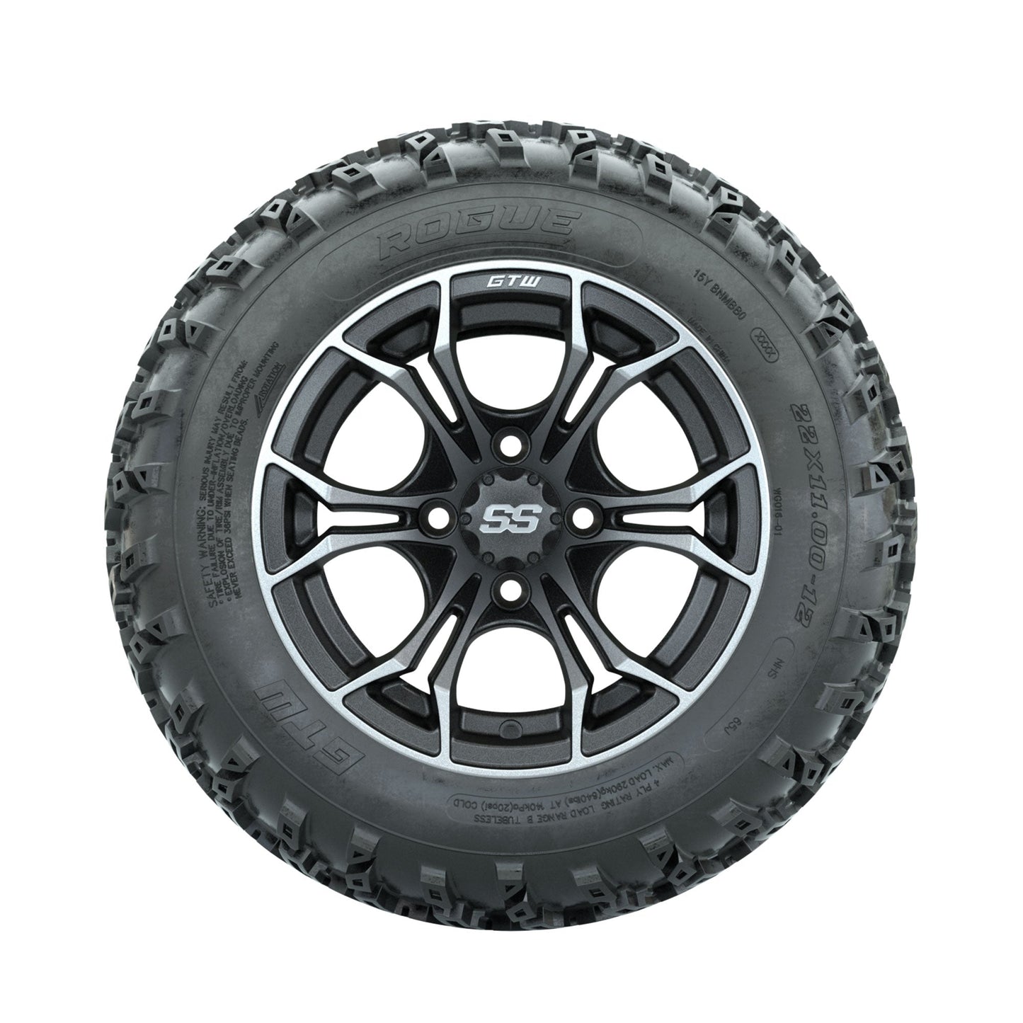 GTW Spyder Machined/Grey 12 in Wheels with 22x11.00-12 Rogue All Terrain Tires Full Set