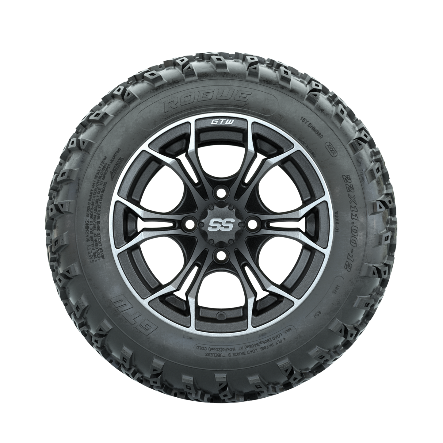 GTW Spyder Machined/Grey 12 in Wheels with 22x11.00-12 Rogue All Terrain Tires Full Set