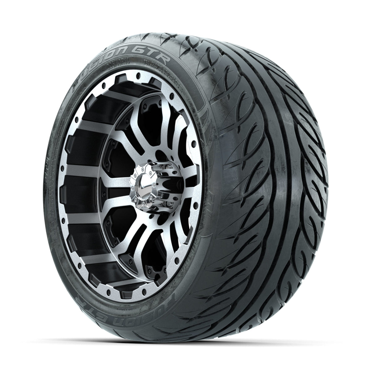 GTW Omega Machined/Black 14 in Wheels with 225/40-R14 Fusion GTR Street Tires Full Set