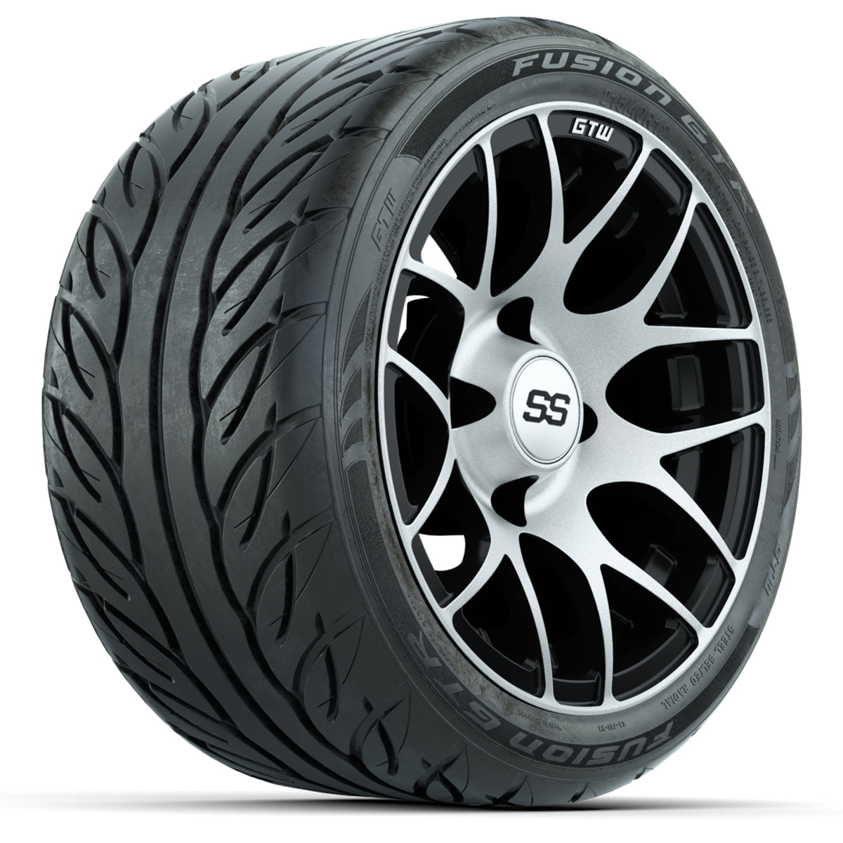 12" GTW Pursuit Black/Machined Wheels with Fusion GTR Street Tires Set of 4