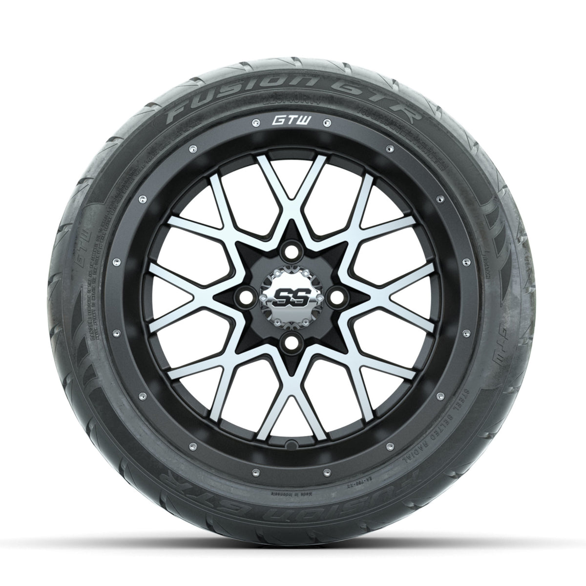 GTW Vortex Machined/Matte Grey 14 in Wheels with 225/40-R14 Fusion GTR Street Tires Full Set